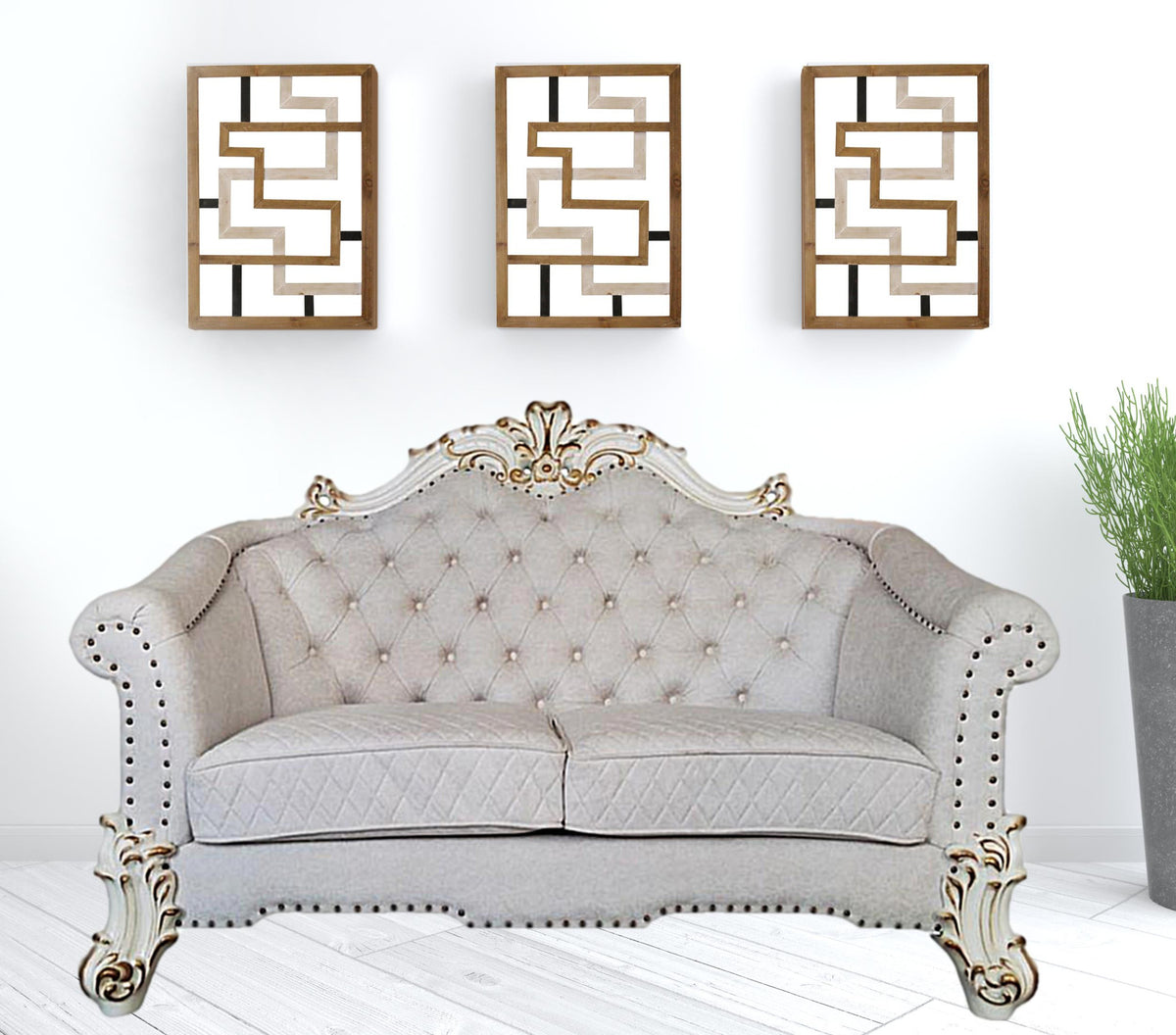 Ivory & Pearl Velvet Love Seat Sofa with Toss Pillows L98863