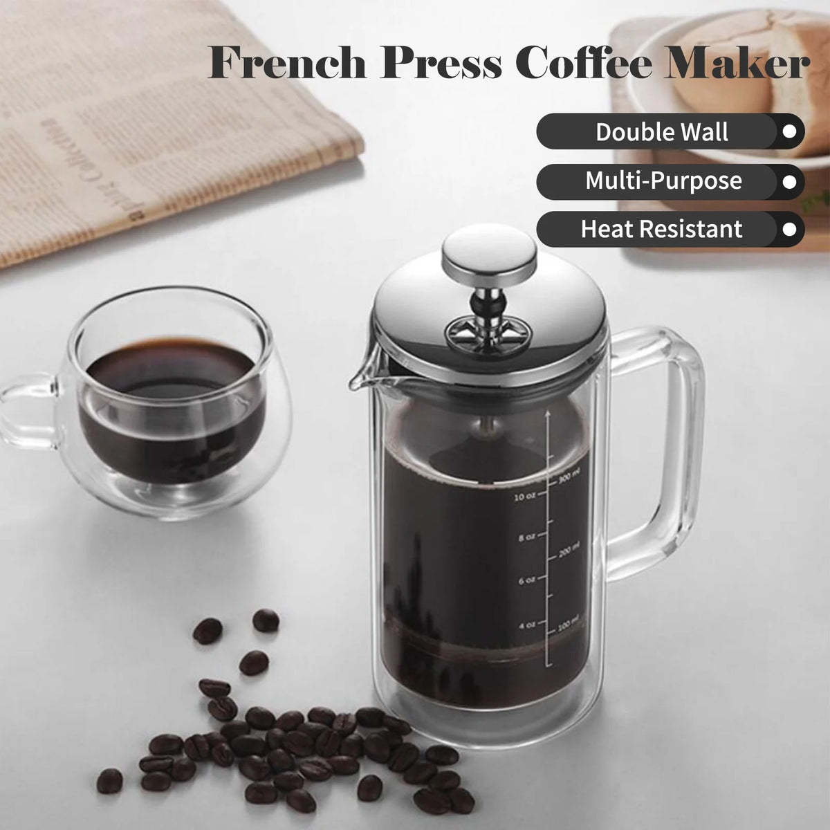 10oz Double Walled French Coffee Maker Borosilicate Glass Coffee Pot with Stainless Steel Filter Y81792