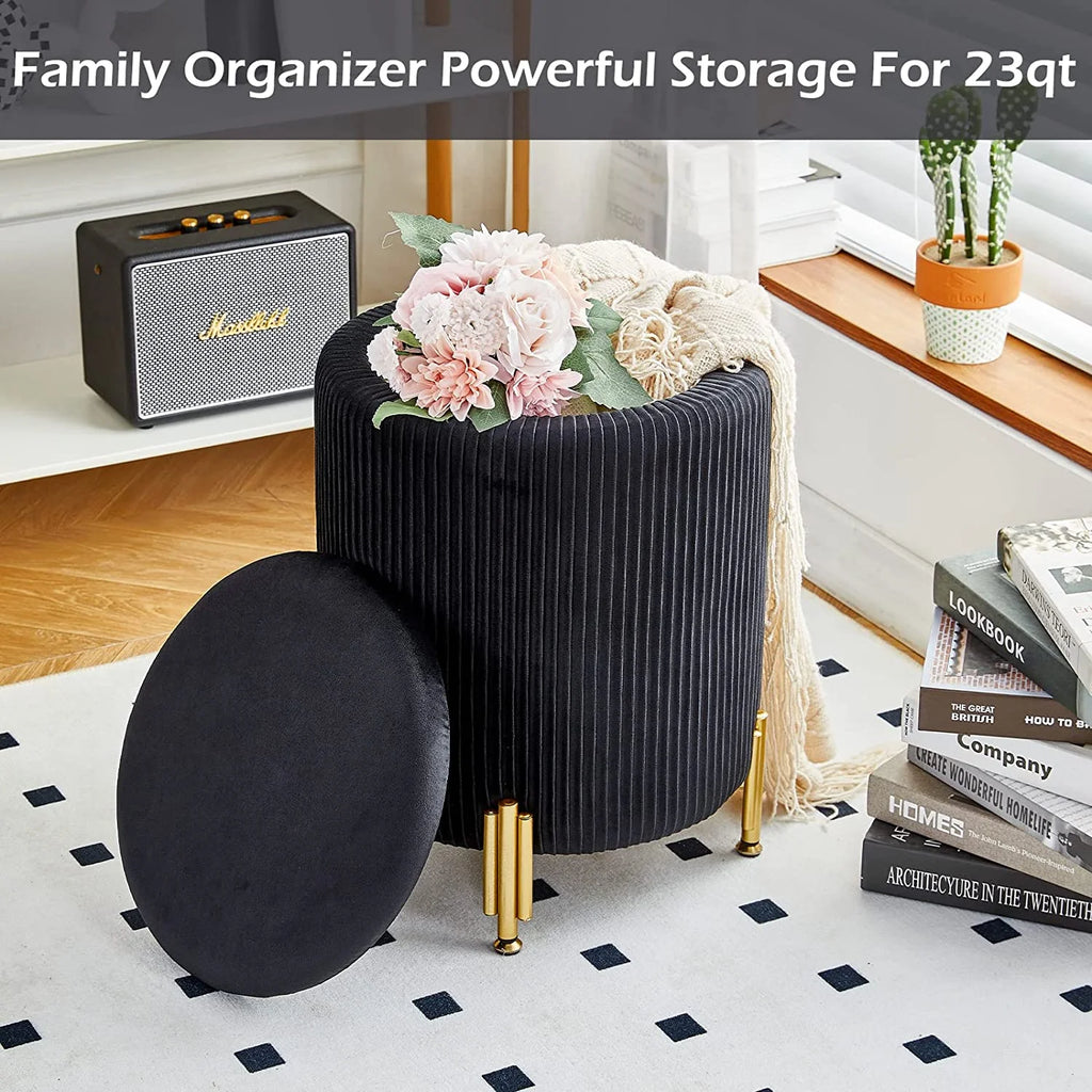 Black Velvet Round Ottoman with 23Qt Storage A75032