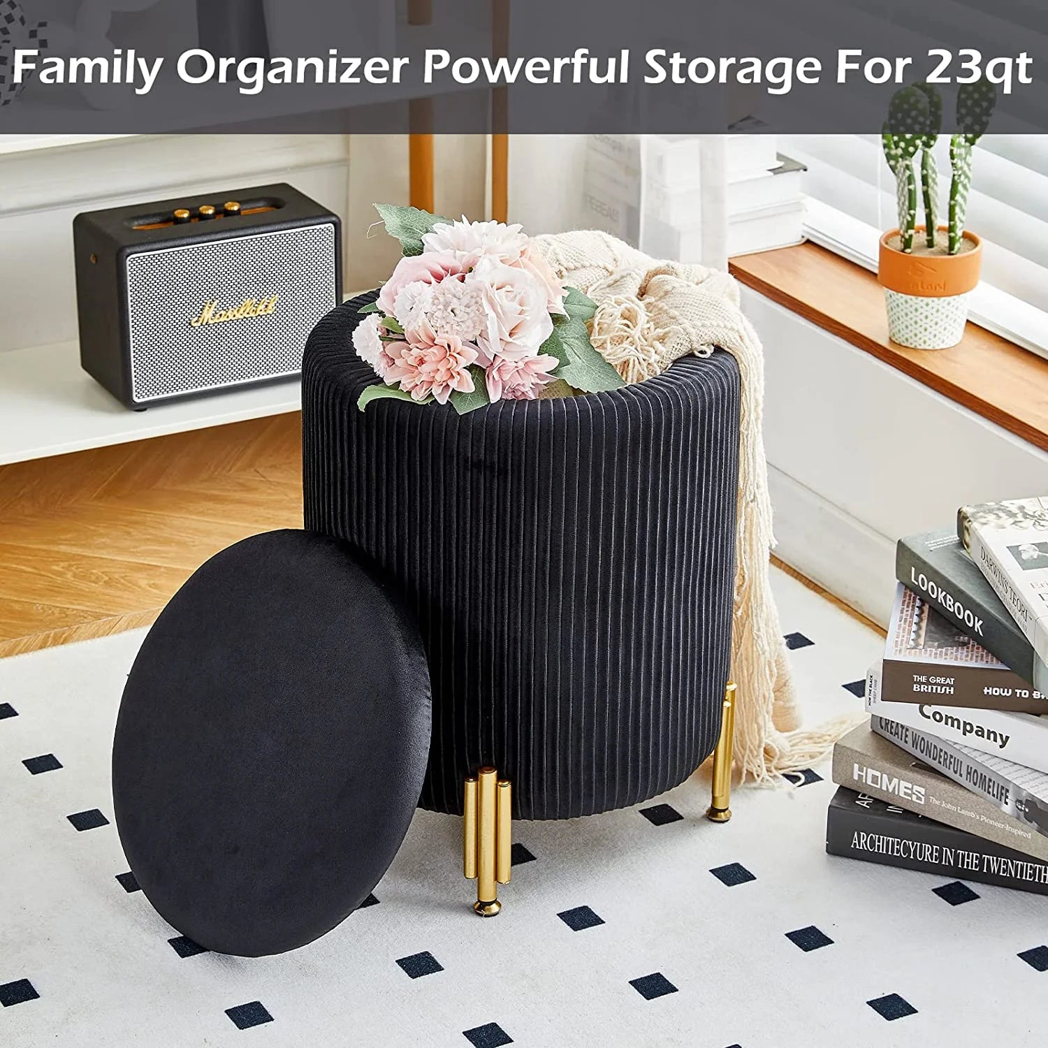 Black Velvet Round Ottoman with 23Qt Storage A75032