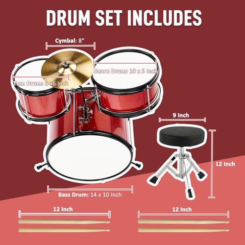 3-Piece Kids Drum Set with Throne Stool, Pedal & 2 Pairs of Drumsticks (Black) U60626