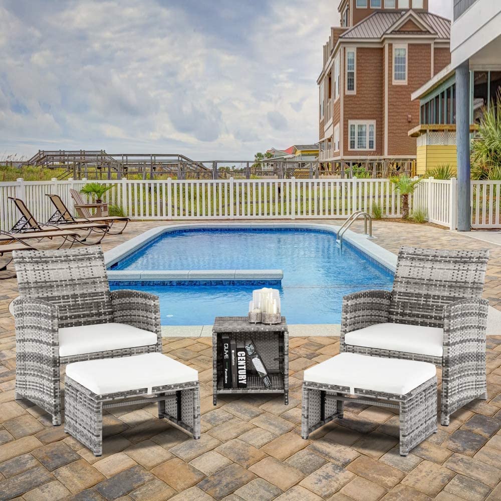 5 Pcs Wicker Rattan Cushioned Patio Sofa Set with Ottoman & Table E377732
