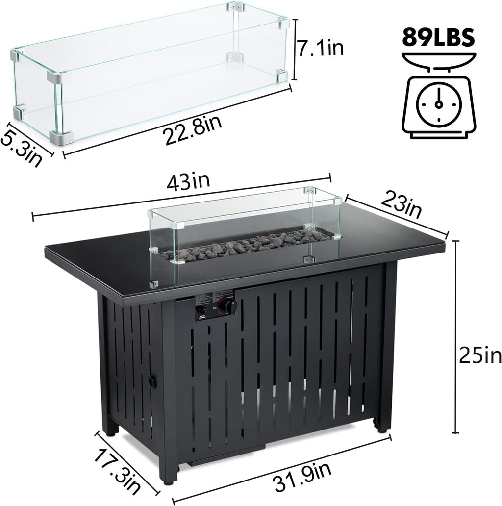 43 Inch 50,000 BTU Auto-Ignition Gas Fire Pit Table with Glass Wind Guard, Lava Stone P53737