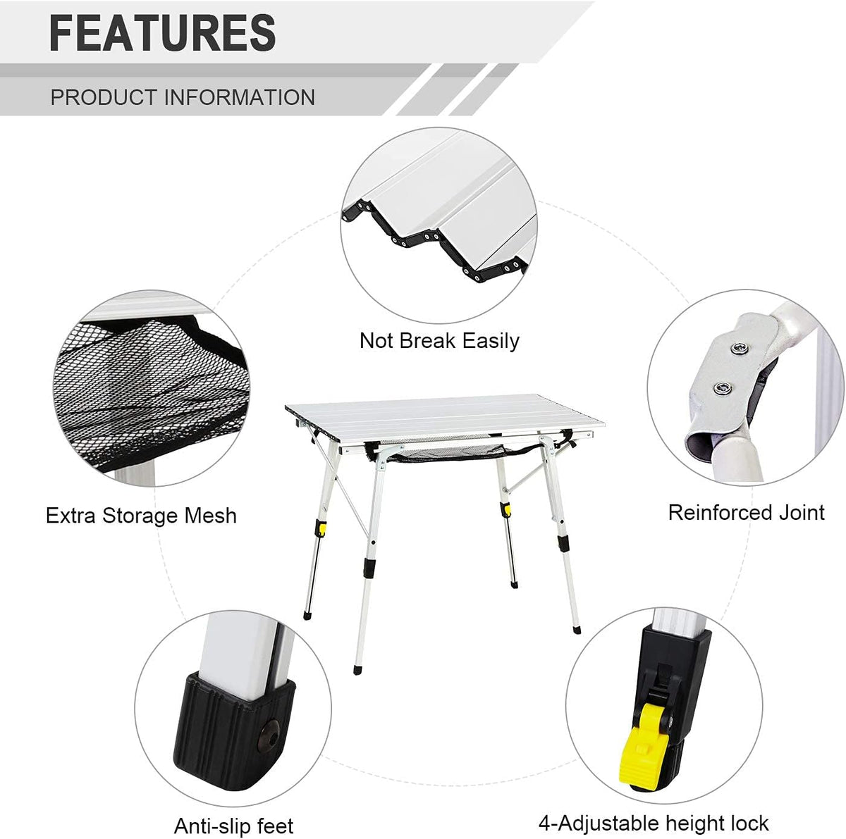 Portable Folding Camping Table All Aluminum Ultra Lightweight with Mesh Layer R4829