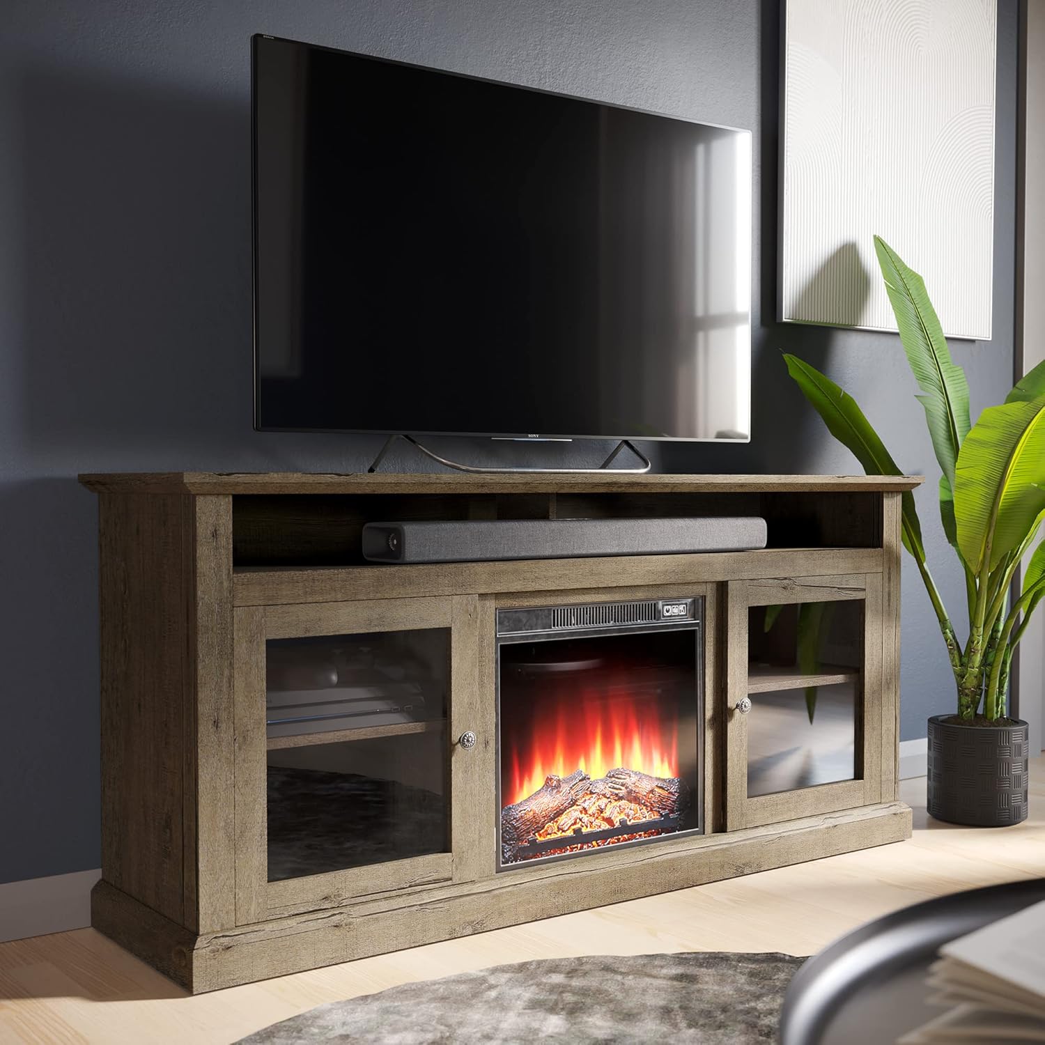 Gray Wash Electric Fireplace TV Stand with Open Storage Shelves & Cabinets A952