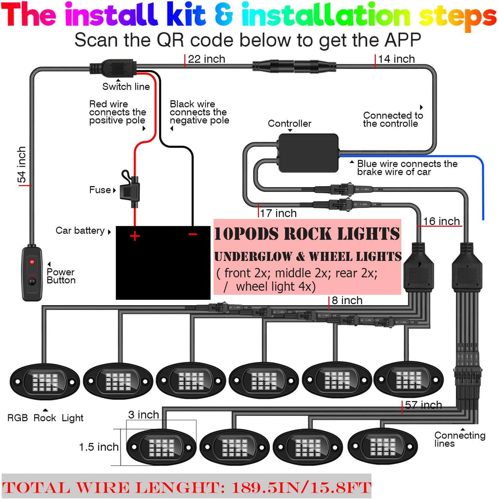 10-pods Trucks LED RGB Neon Underglow Rock Lights Kit, Dual-Zone, 160LEDs, 2-in-1 Line, Waterproof 12V, Pack of 2 O36047