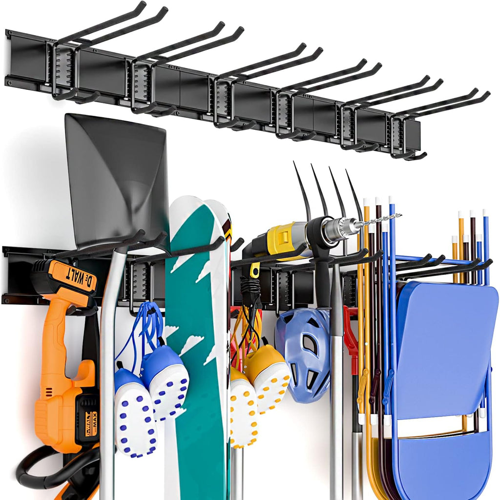 48 Inch Wall Mounted Tool Storage Rack with 6 Adjustable Hooks and 3 Rails Pack of 2 Y40356