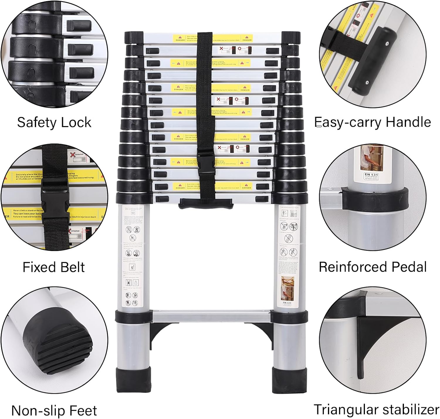 14.5FT Telescoping Aluminum Extension Ladder with Triangular Stabilizer K40048