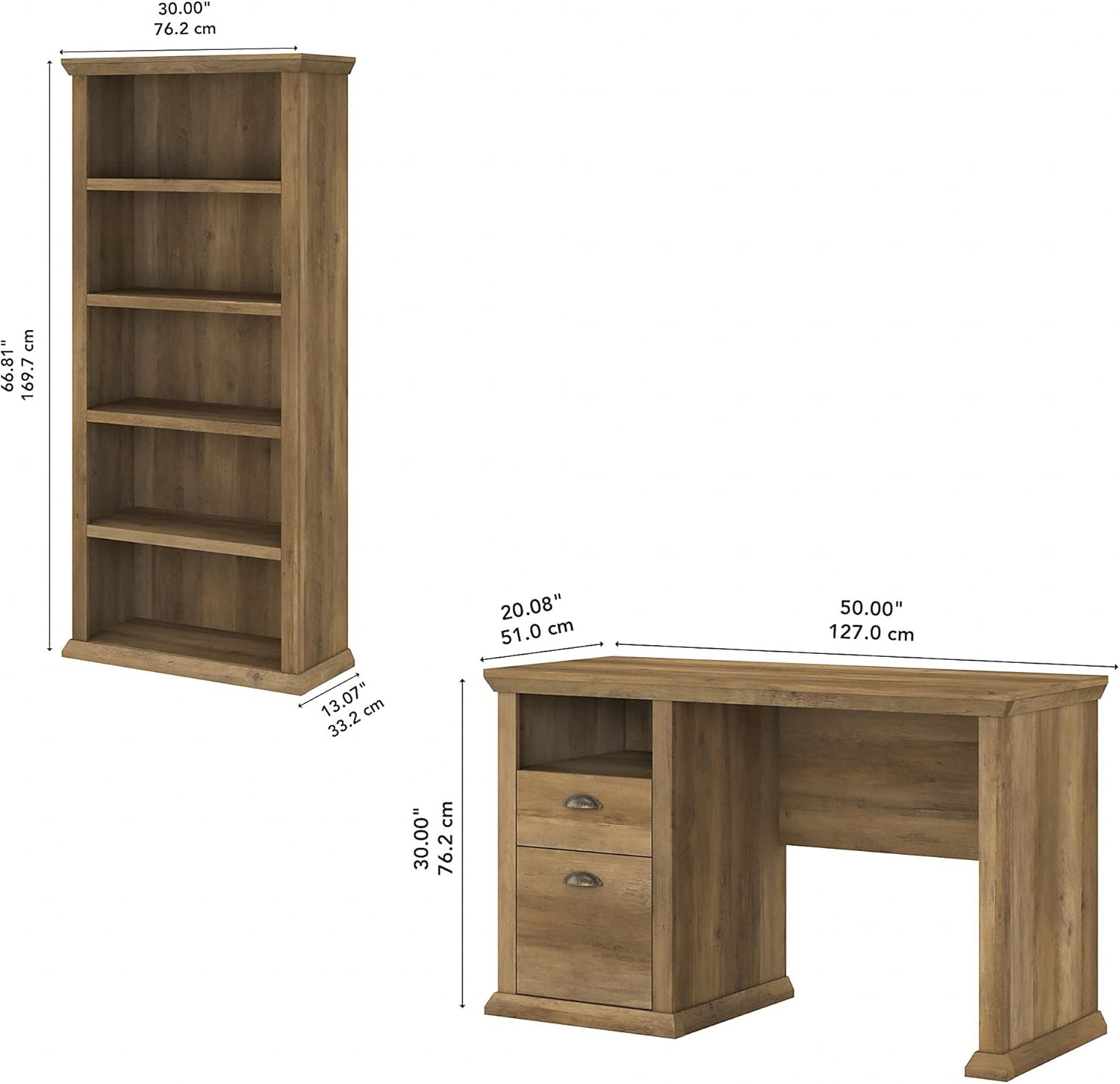 50W Reclaimed Pine Home Office Desk with 5 Shelf Bookcase G2728