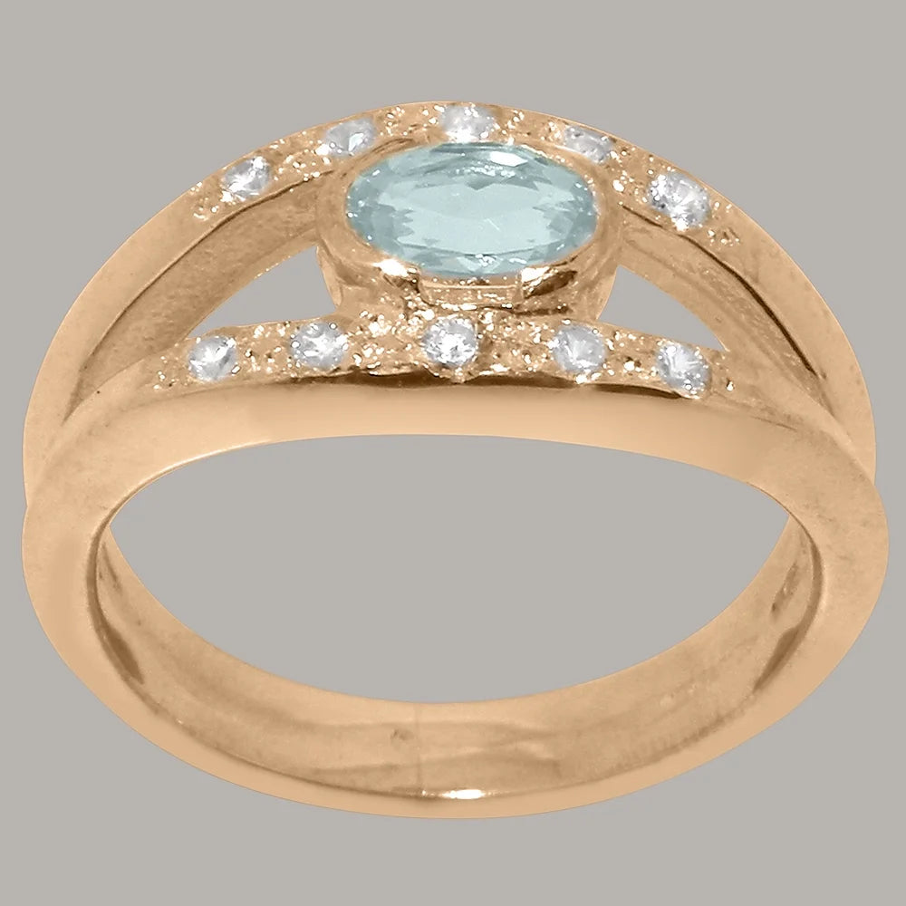 18k Rose Gold Natural Aquamarine & Diamond Womens Band Ring U319950
