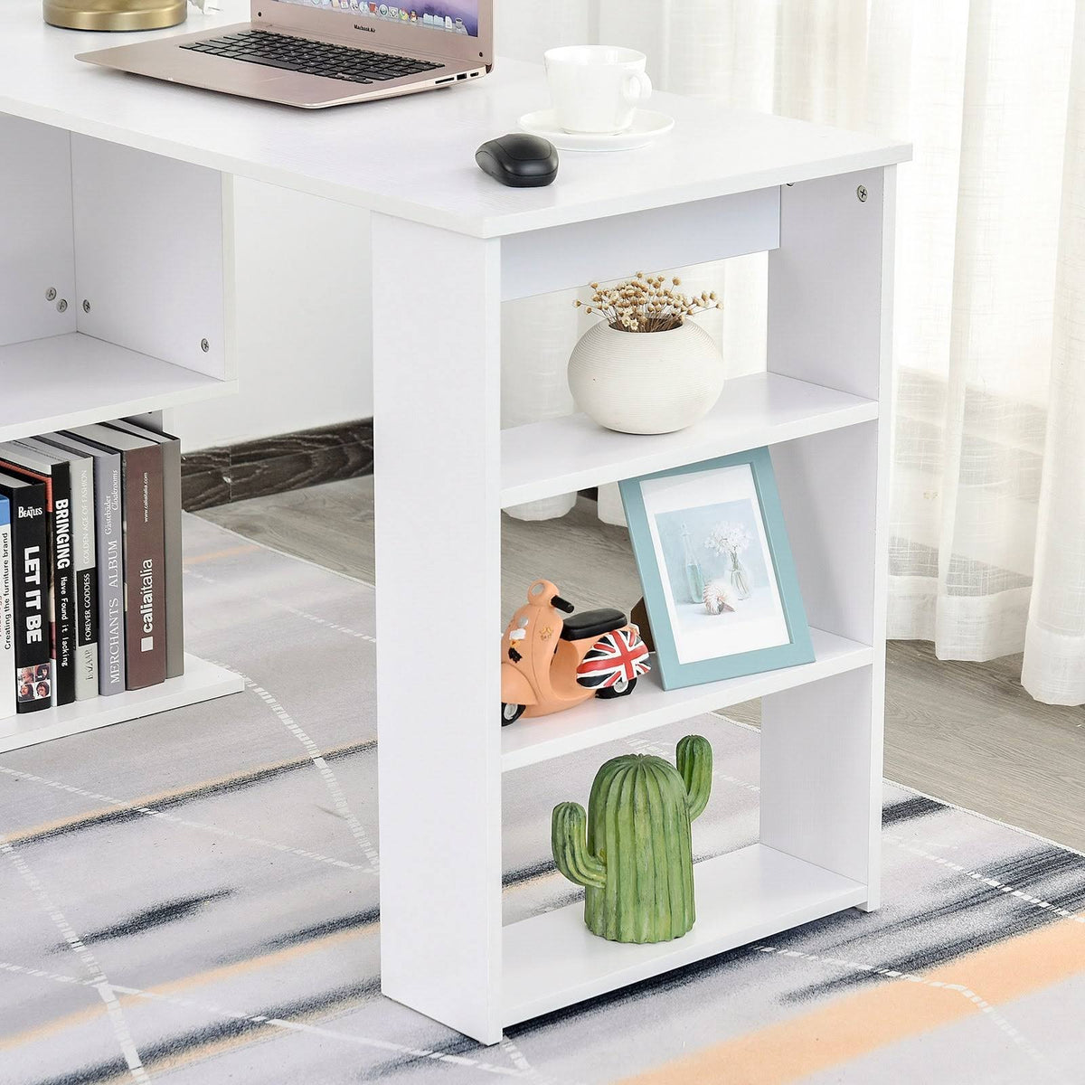 360 Rotating L Shaped Corner Desk with Bookshelves P238