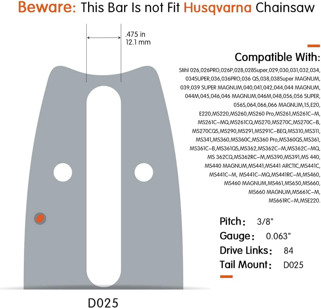 24/25 Inch Laminated Chainsaw Guide Bar Saw Chain Combo 3/8 Pitch 0.063 Chain Gauge 84DL Pack of 2 V927