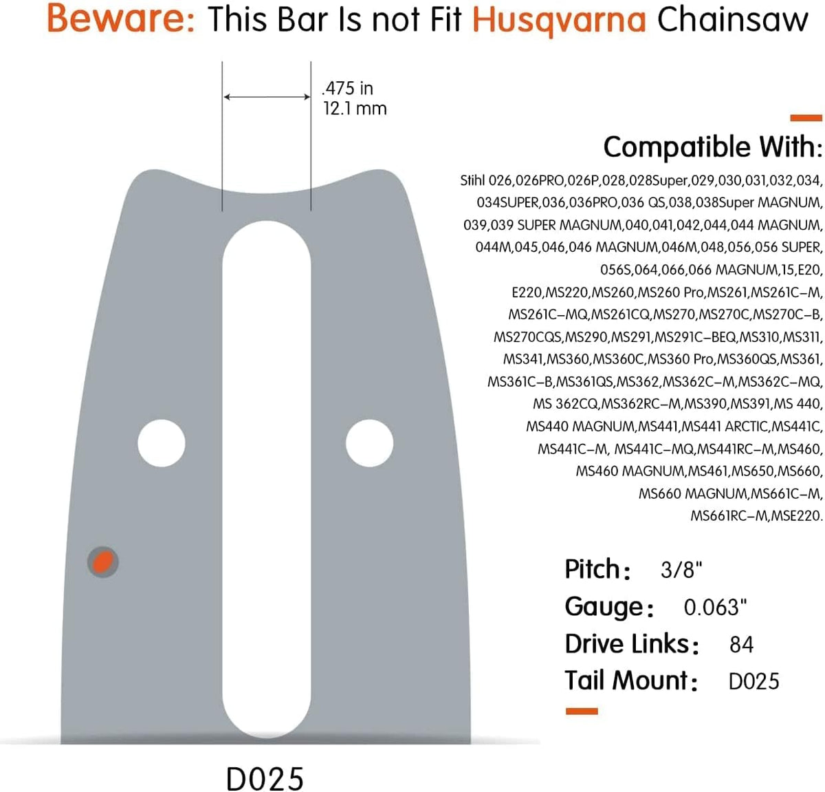 24/25 Inch Laminated Chainsaw Guide Bar Saw Chain Combo 3/8 Pitch 0.063 Chain Gauge 84DL Pack of 2 V927