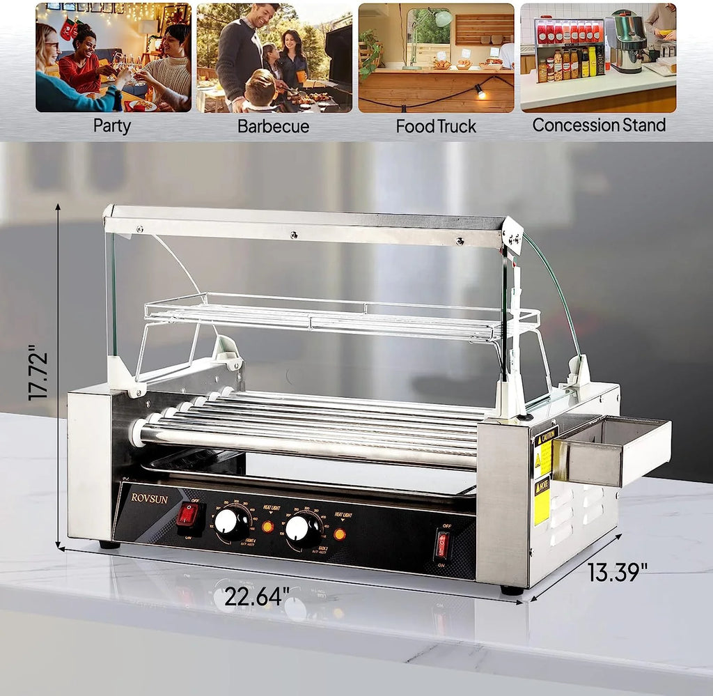 Hot Dog Roller Grill Cooker Machine with Cover, Dual Temp Control, Removable Drip Tray V7743