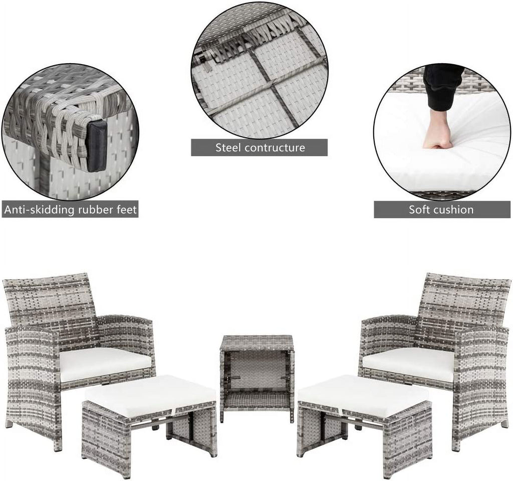 5 Pcs Wicker Rattan Cushioned Patio Sofa Set with Ottoman & Table E377732