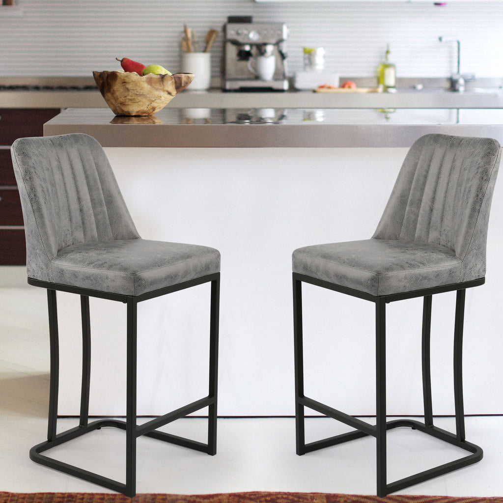 Gray PU Leather Bar Stool with Backrest, Set of 2 C338