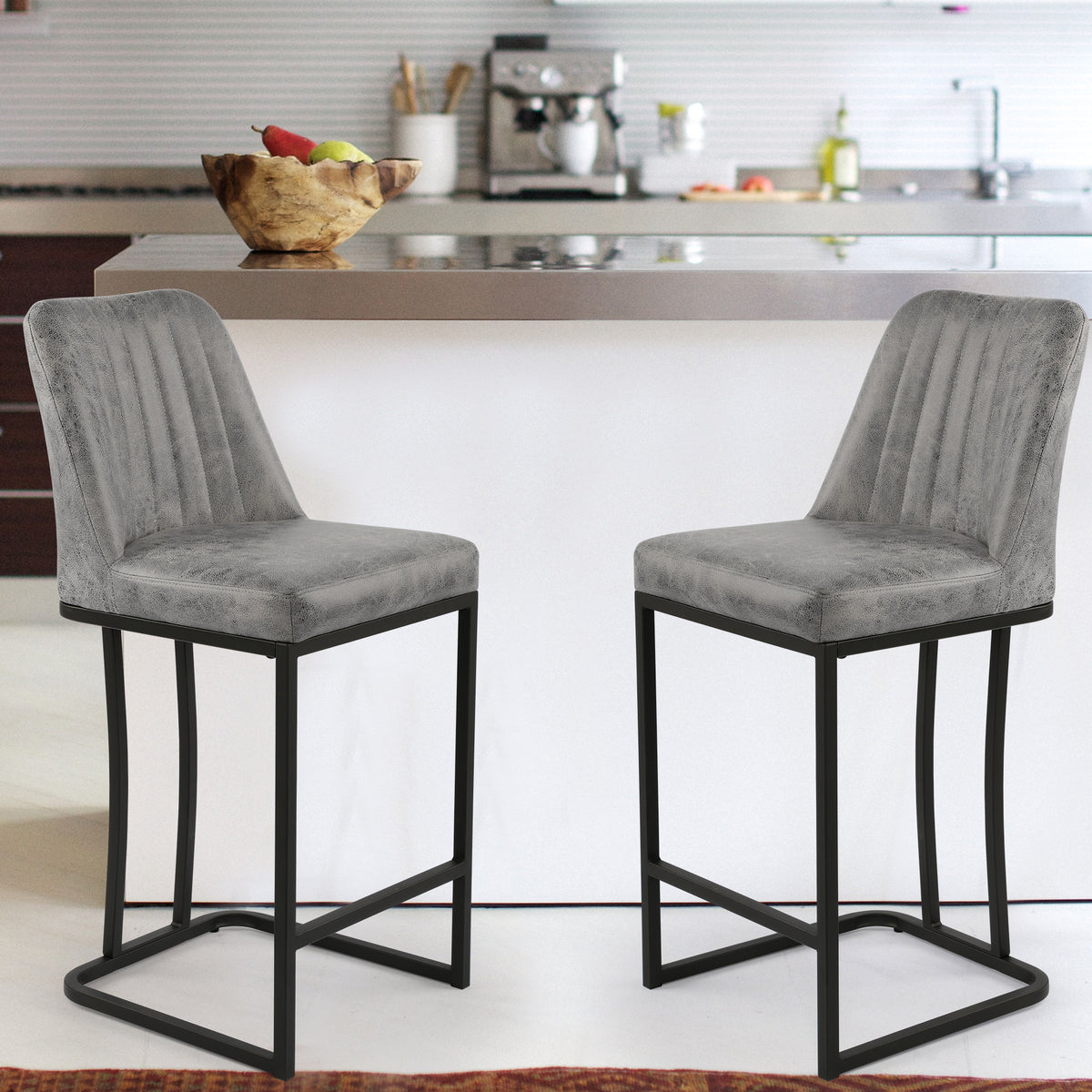 Gray PU Leather Bar Stool with Backrest, Set of 2 C338
