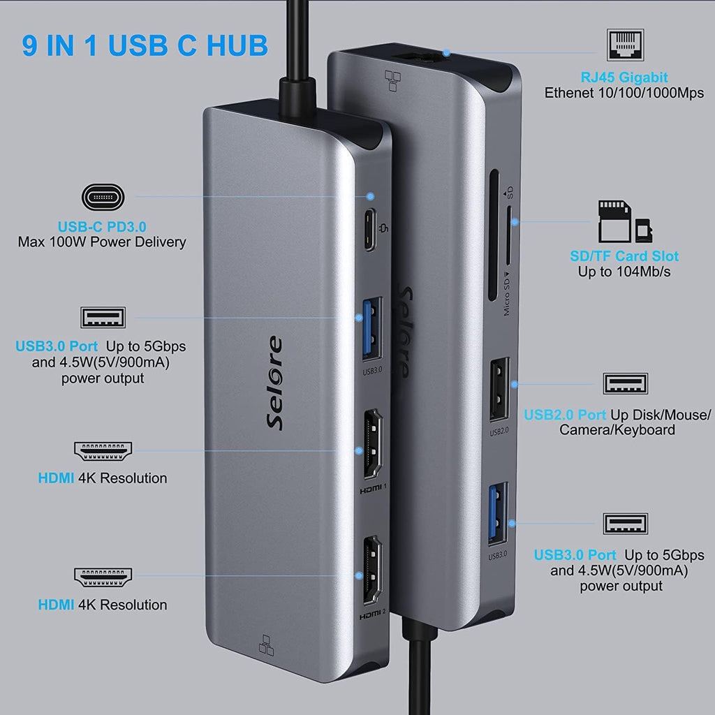 USB C Docking Station Dual Monitor, 9 in 1 USB C Hub, Ethernet, 2 USB 3.0, 1 USB 2.0, SD/TF Card Reader, 100W PD, Pack of 2 V54599