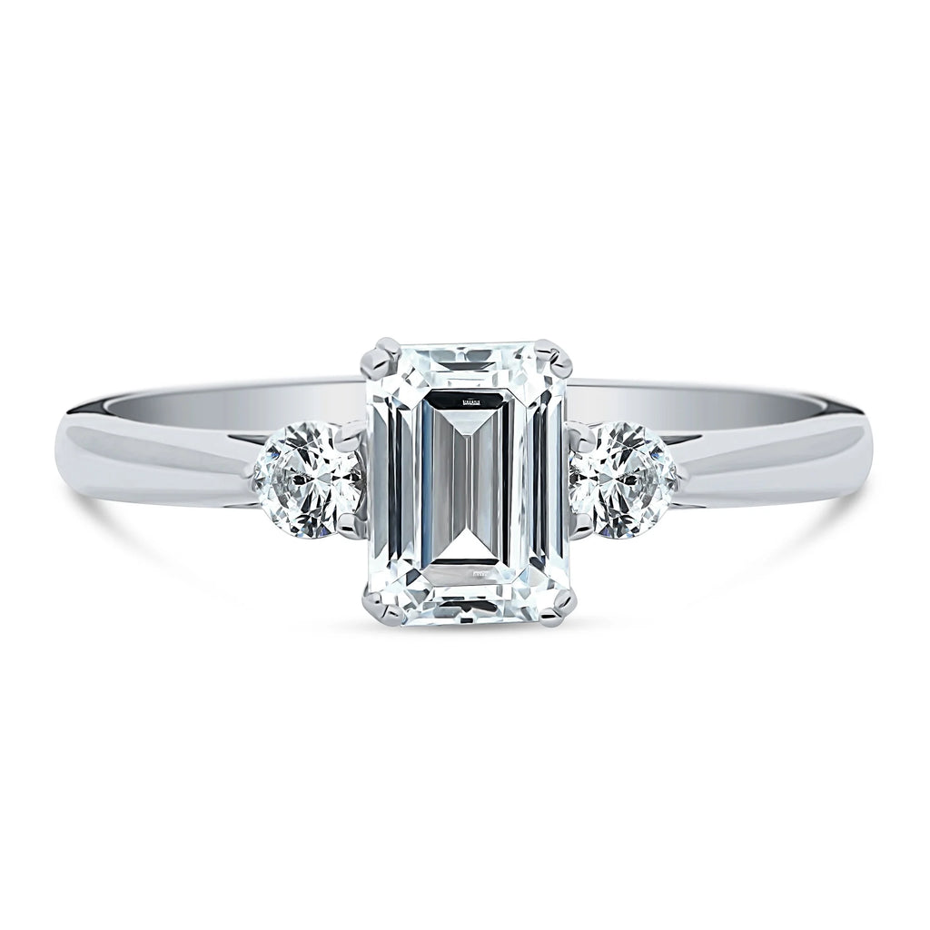 Sterling Silver 3-Stone Emerald Cut Cubic Zirconia Ring, Rhodium Plated Size 4.5 M2303