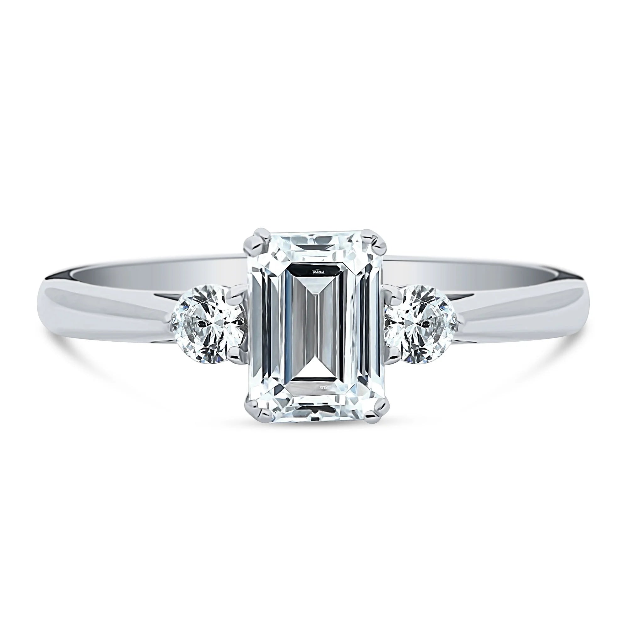 Sterling Silver 3-Stone Emerald Cut Cubic Zirconia Ring, Rhodium Plated Size 4.5 M2303