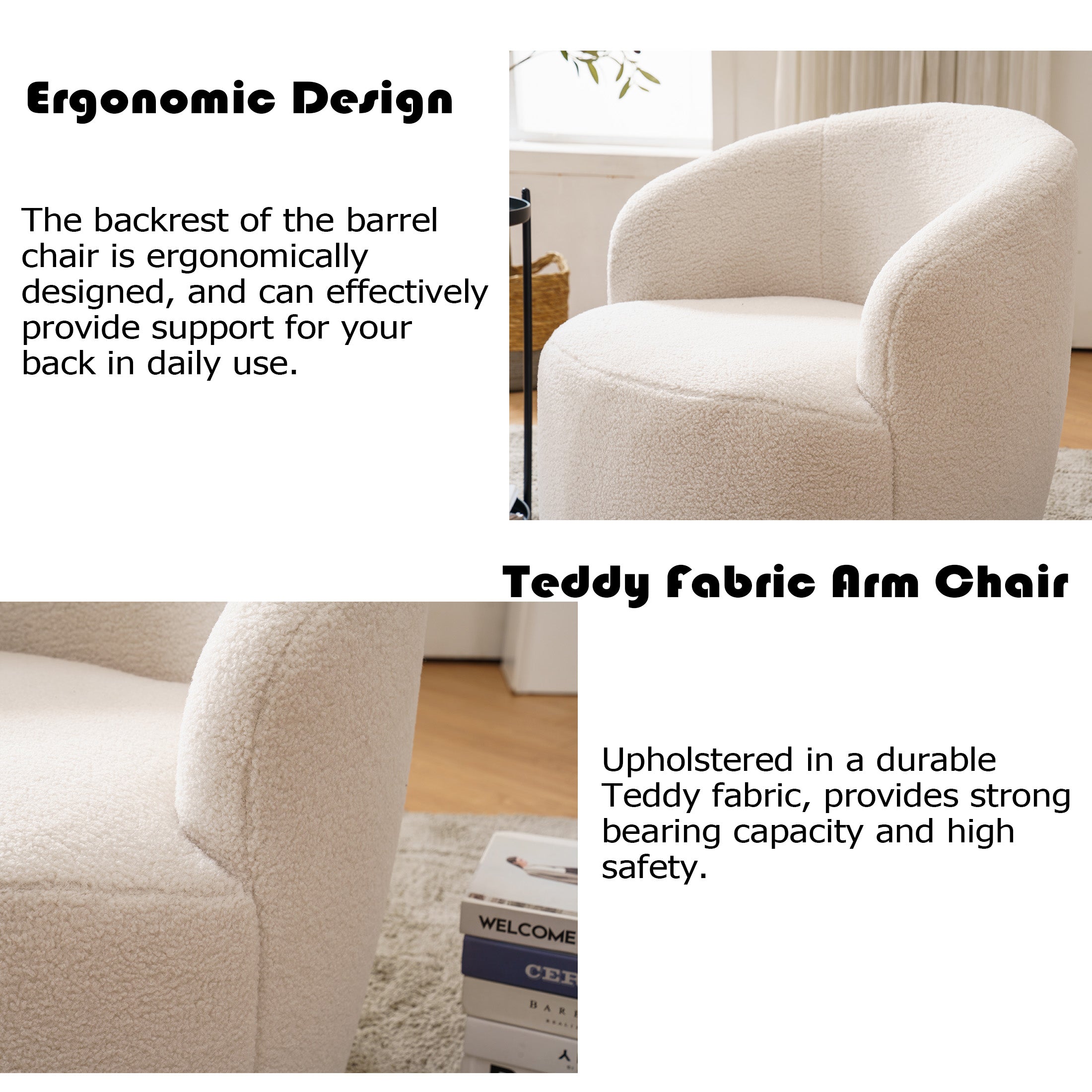 White Teddy Fabric Swivel Barrel Armchair B85719