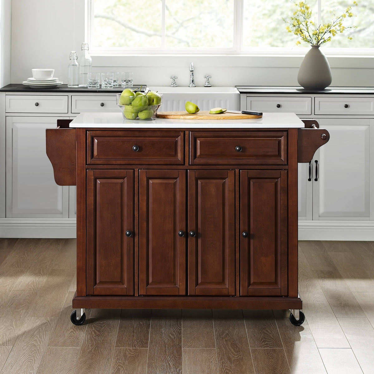 Full Size Granite Top Kitchen Cart Mahogany H65554