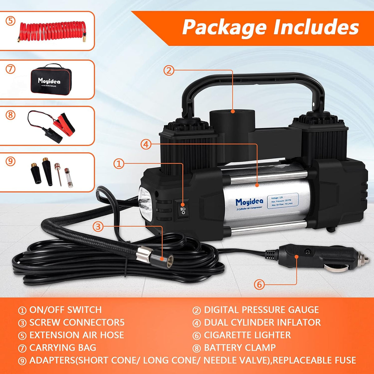 12V Double Cylinder Portable Air Compressor Tire Inflator with Pressure Gauge Y48961