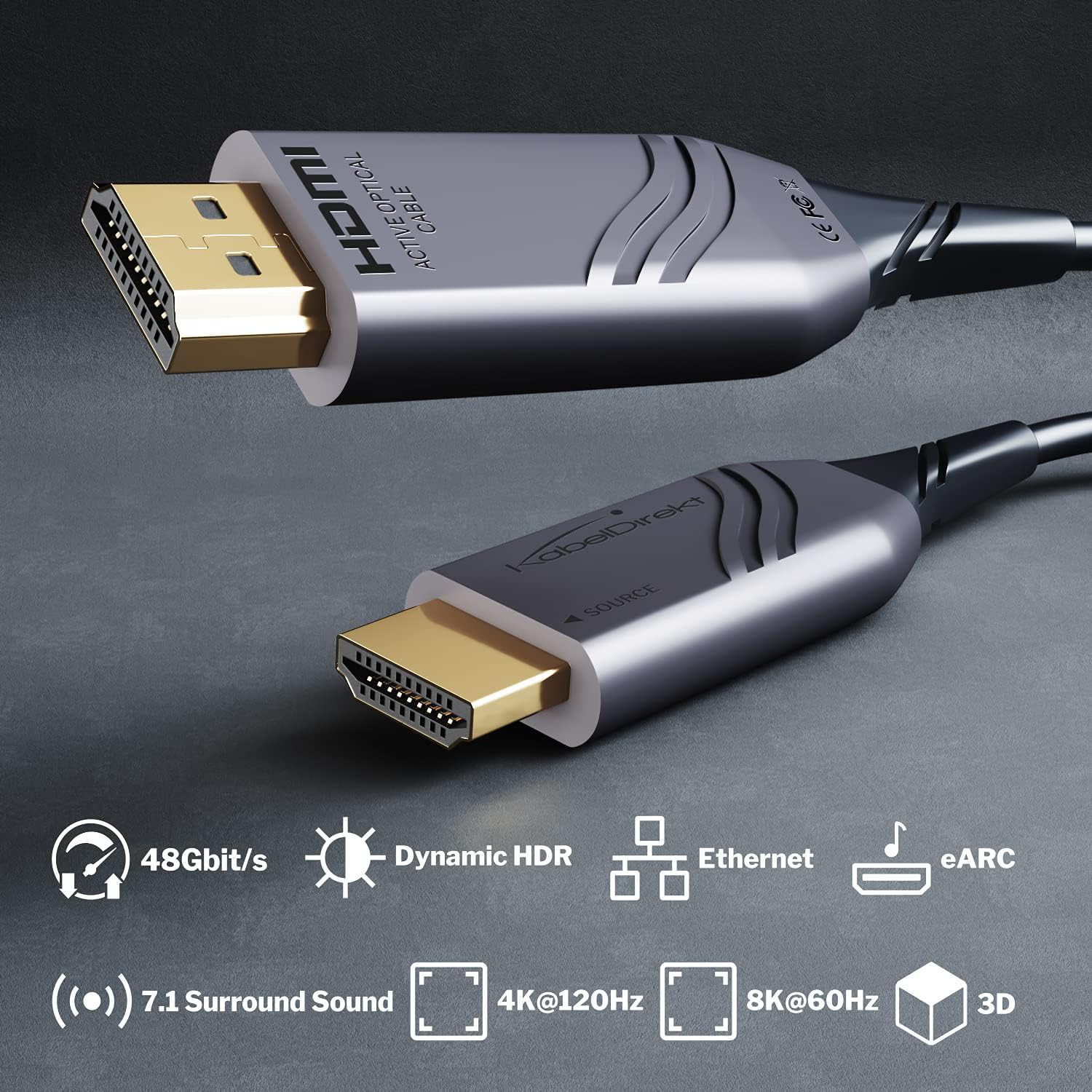 30ft 8K HDMI 2.1 Optical Ultra High Speed HDMI Cable, Gray/Black, Pack of 2 D631199