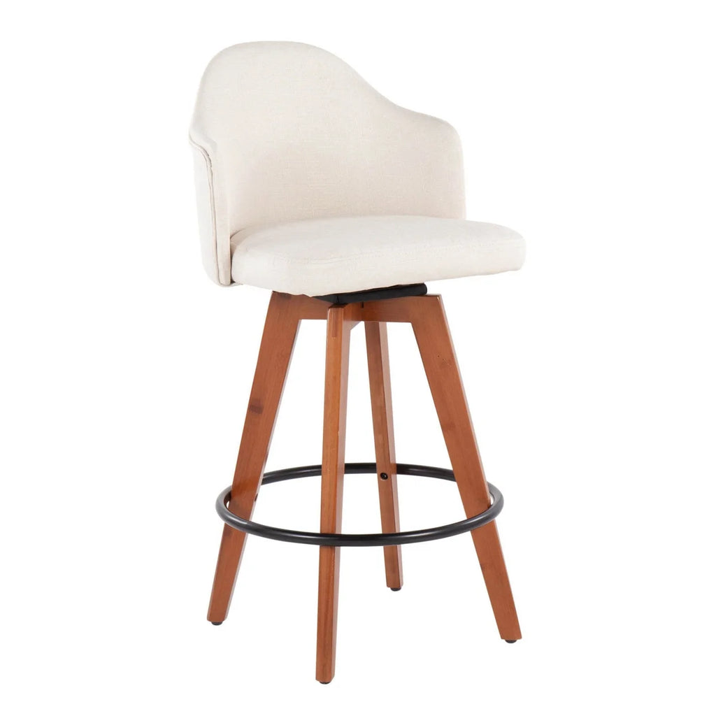 Cream Fabric Counter Stool With Walnut Bamboo Legs And Black Metal Footrest F528
