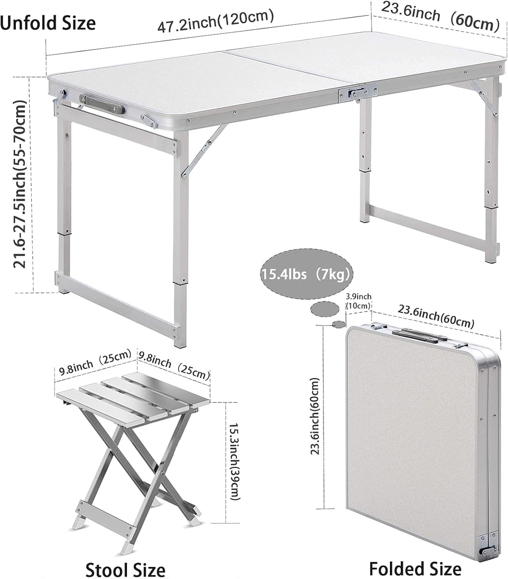 White 4 Foot Adjustable Folding Camping Table with Aluminum Stools W96159