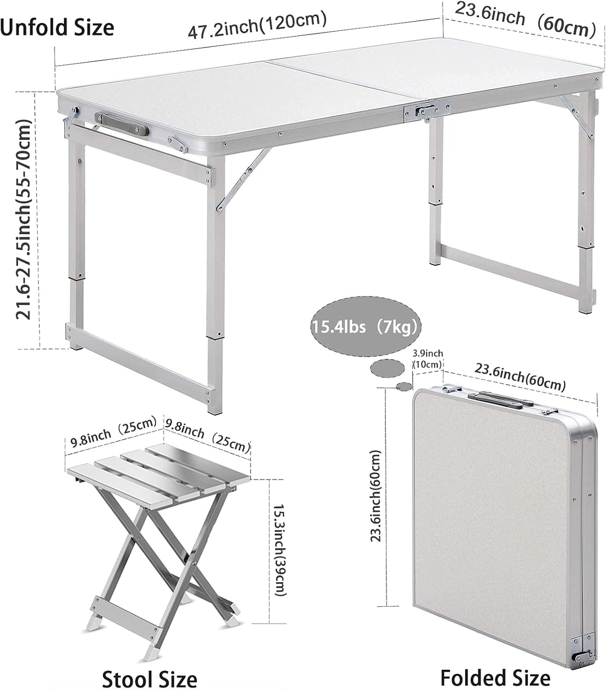 White 4 Foot Adjustable Folding Camping Table with Aluminum Stools W96159