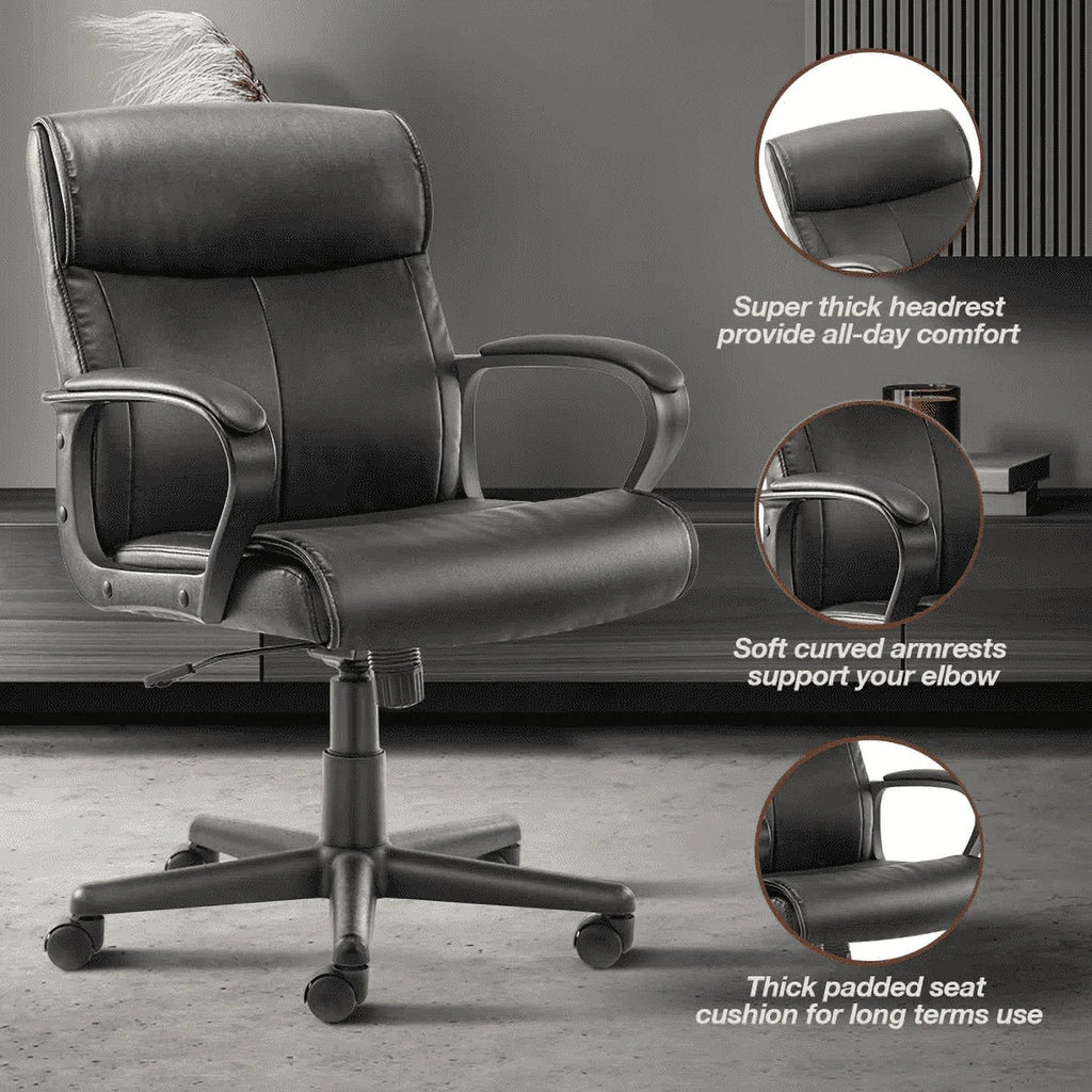 Black PU Leather Mid-back Office Chair with Fixed Padded Armrests J5308