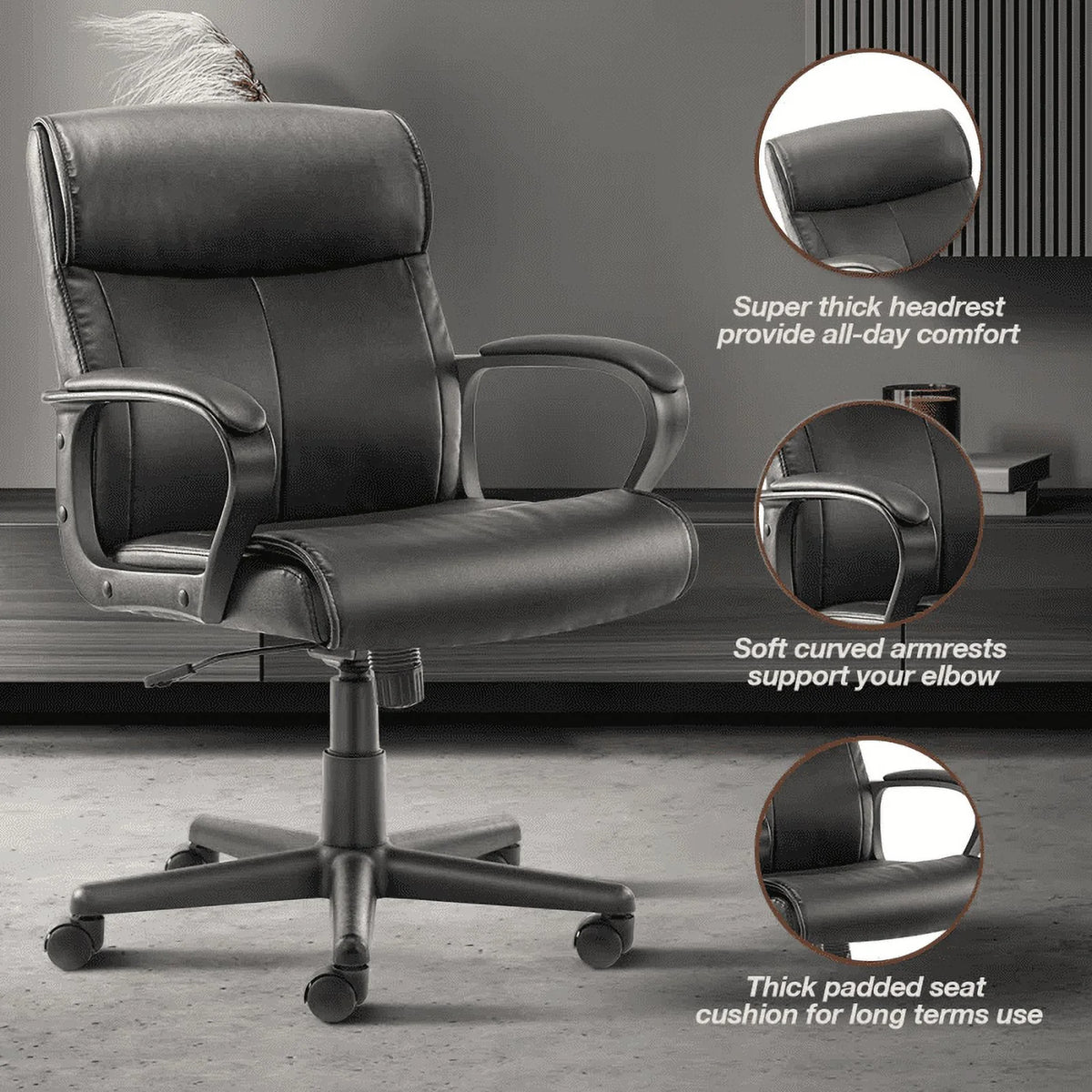Black PU Leather Mid-back Office Chair with Fixed Padded Armrests J5308