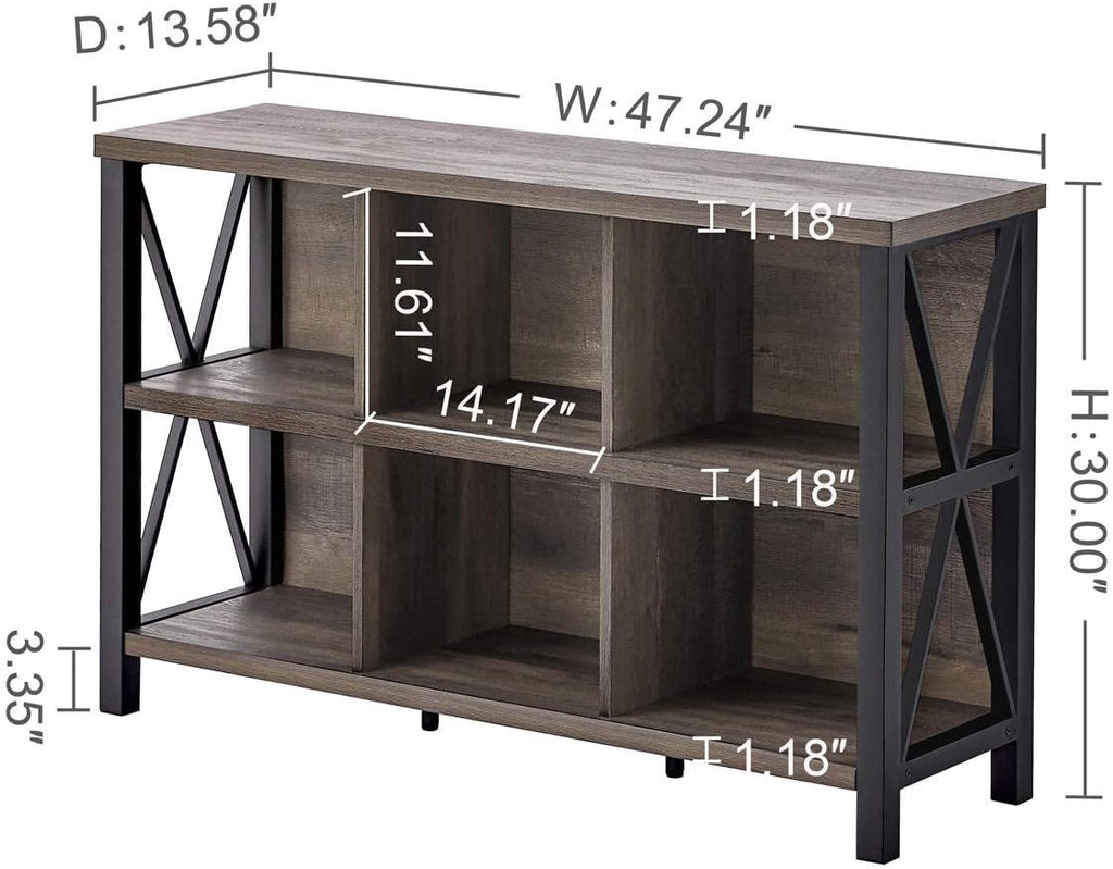 Rustic 6 Cube Storage Organizer with Shelf, Wood and Metal Cubby Bookcase (Walnut Brown, 47 Inch) G877
