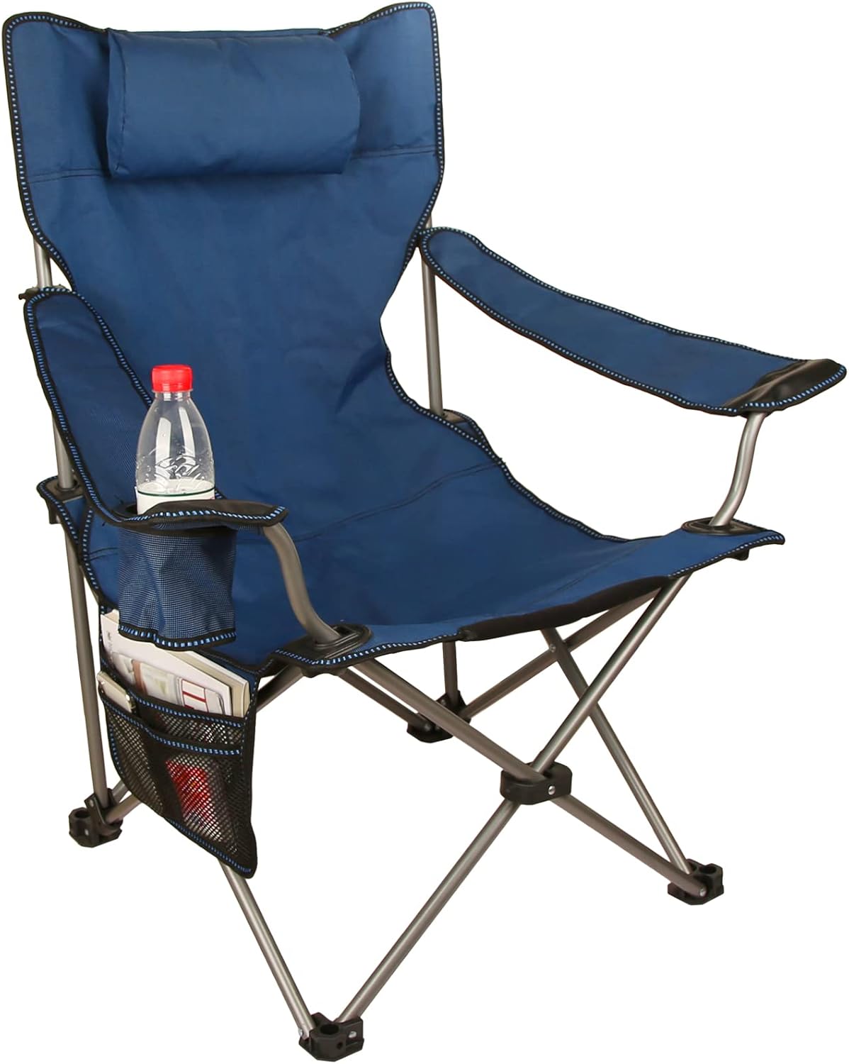 Blue Lightweight Folding Camp Chair with Headrest Cup Holders Side Pocket W376