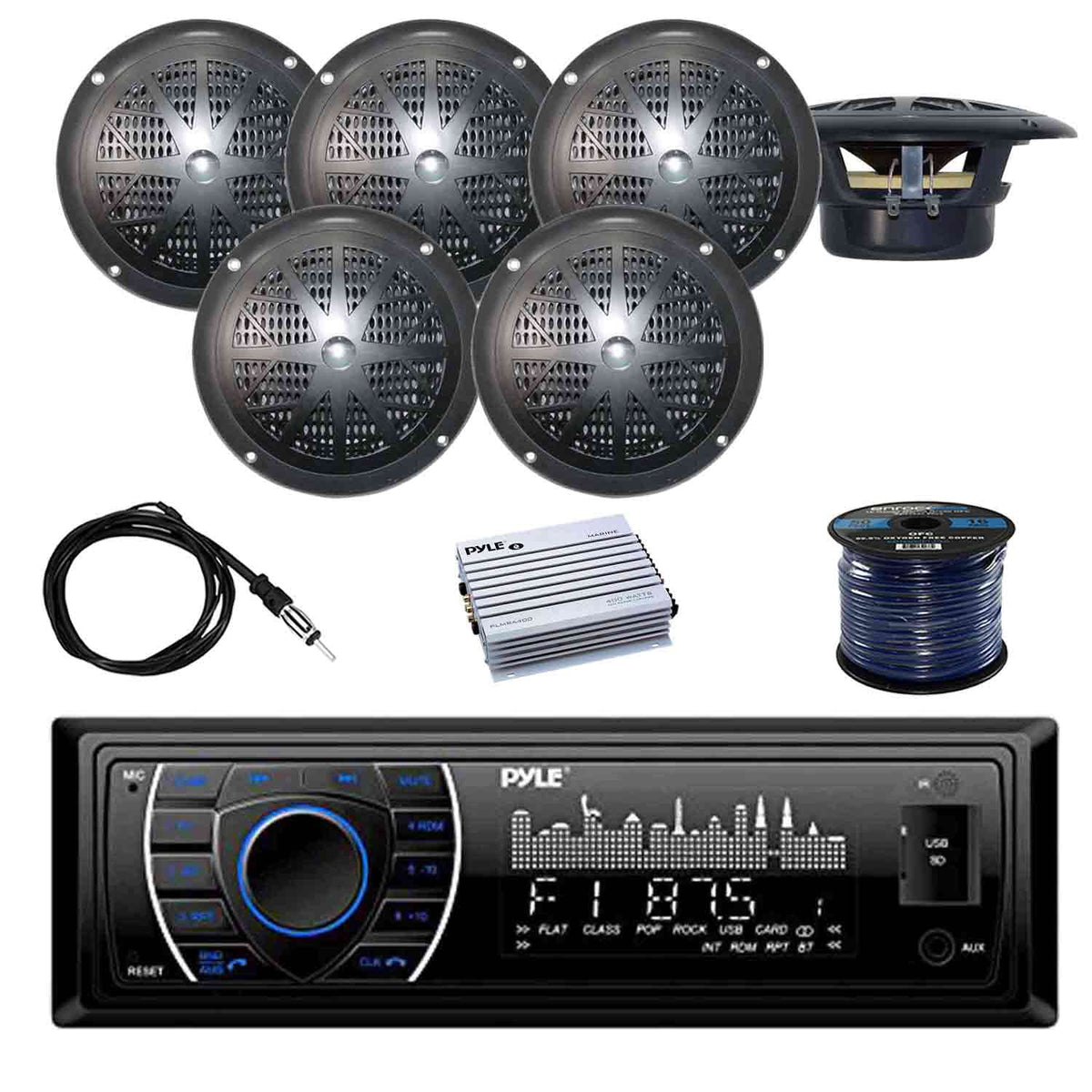 Marine Bluetooth Receiver Stereo with Waterproof Stereo Speakers, 4 Channel Marine Amp, Marine Antenna, 50 Foot Speaker Wire U573