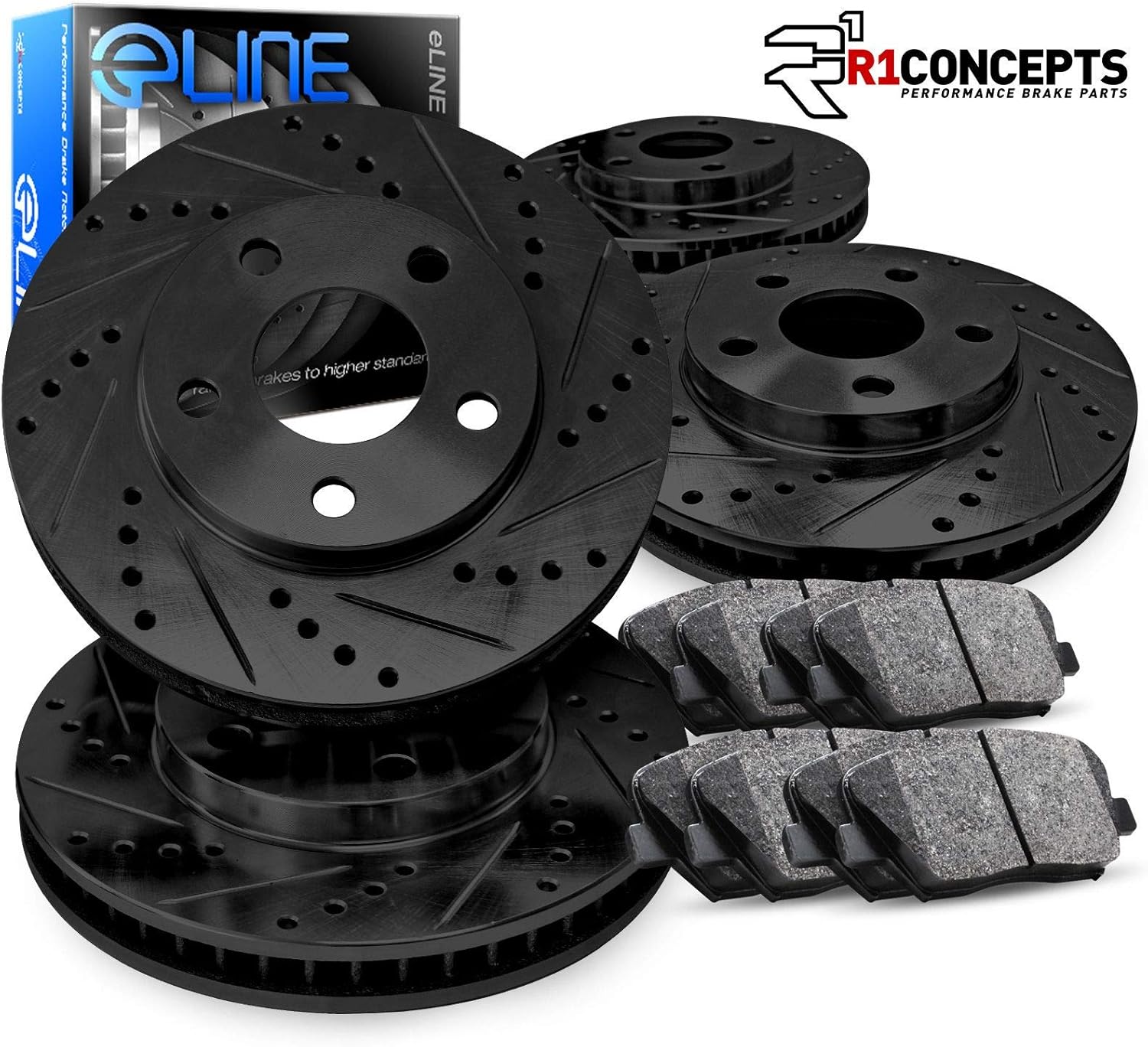 Black Drilled Slotted Brake Rotors Kit & Semi-Met Pads X467