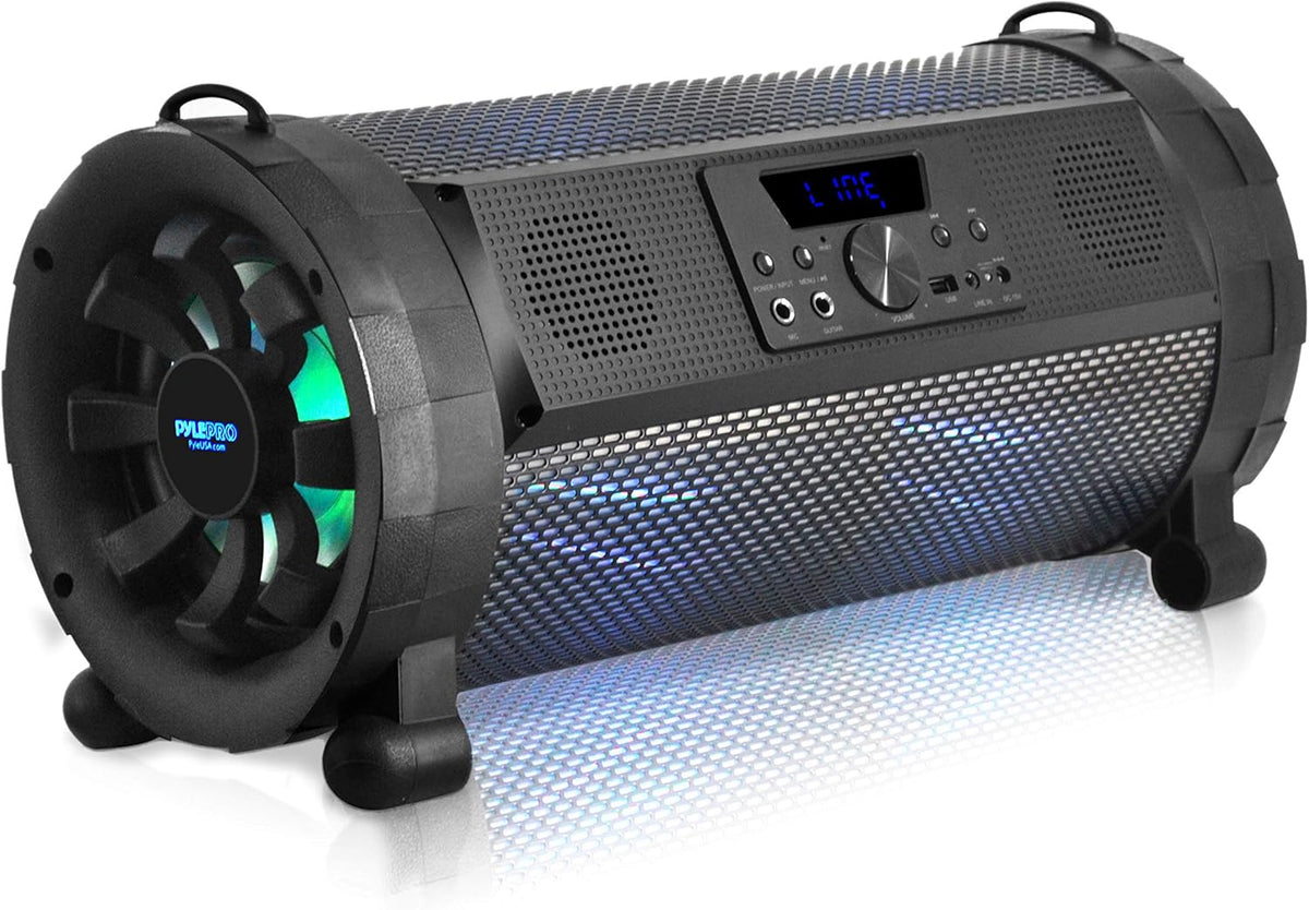 Black Bluetooth Boombox Stereo Speaker with FM Radio, Remote, LED Lights, Rechargeable Battery T8340