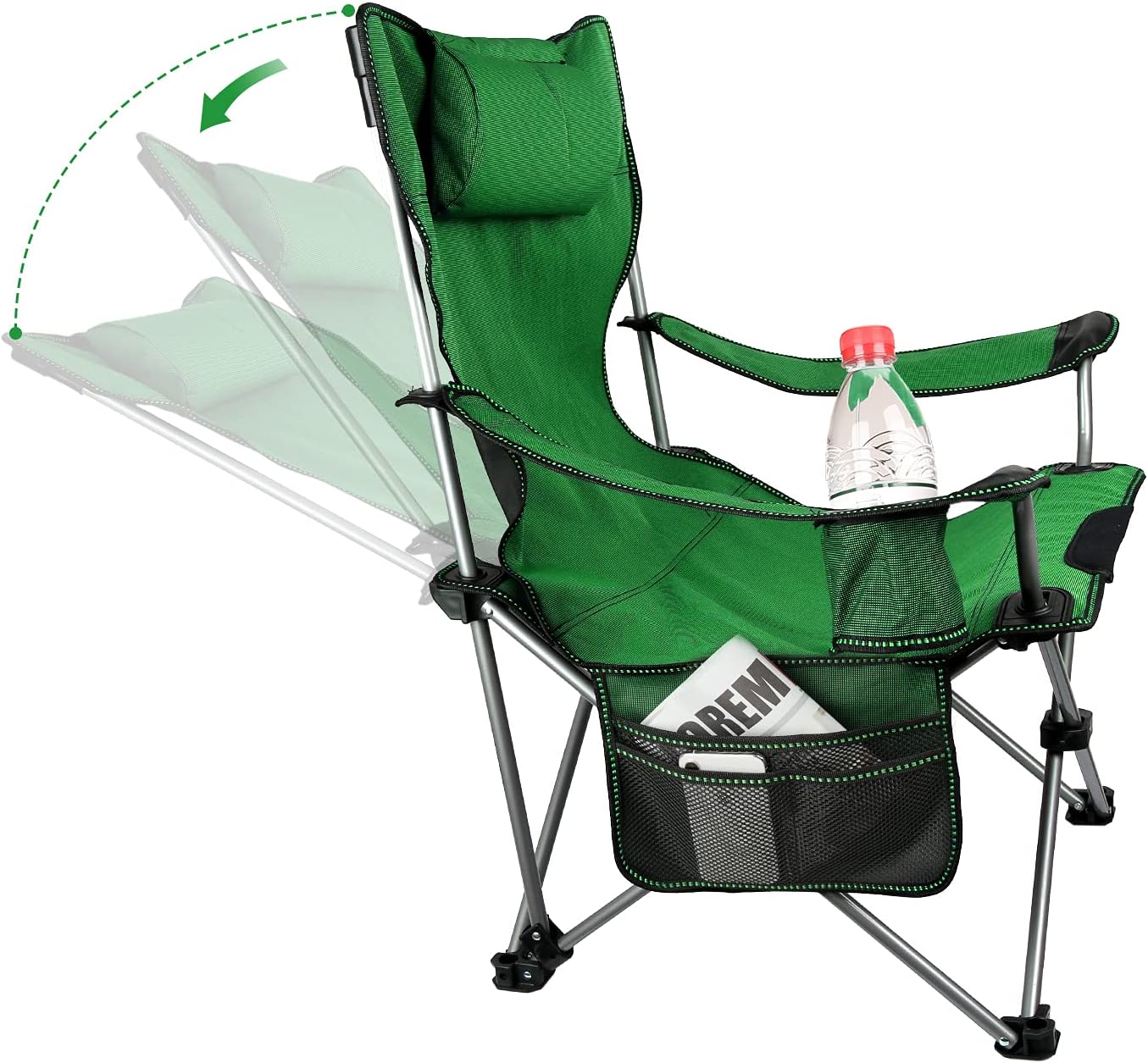 Blue Lightweight Folding Camp Chair with Headrest Cup Holders Side Pocket W376