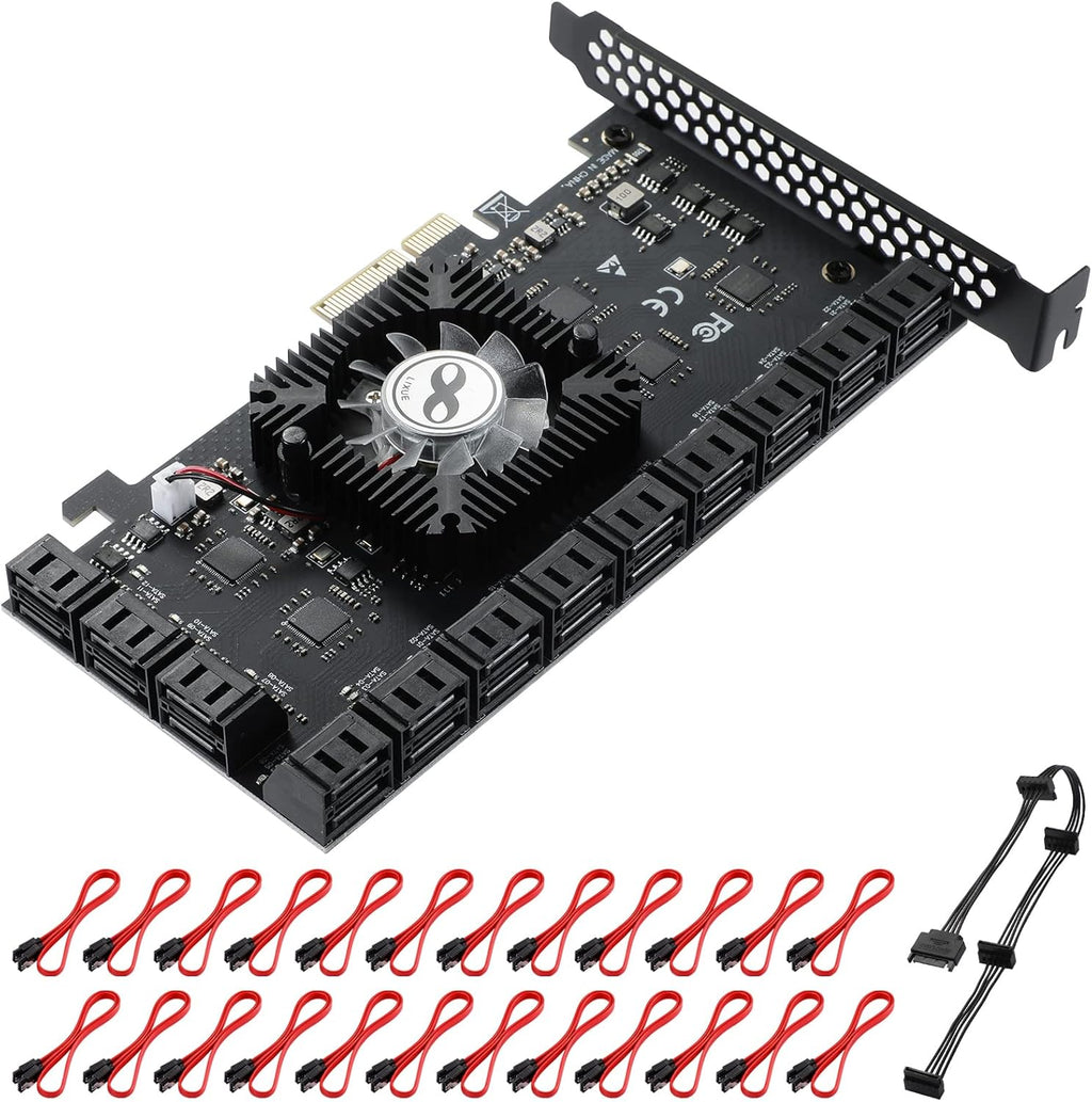 24 Port PCIe SATA 3.0 Card with SATA Cables and Power Splitter Cable G95510