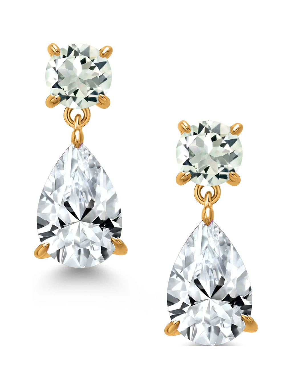 18K Yellow Gold Plated Silver White Created Sapphire and Green Prasiolite Teardrop Dangle Drop Earrings C5299