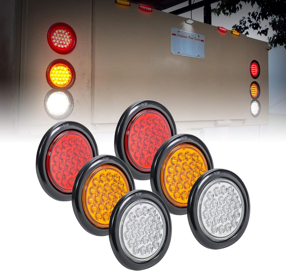 2 Red 2 Amber 2 White 4" Round LED Trailer Tail Light Kit H735983
