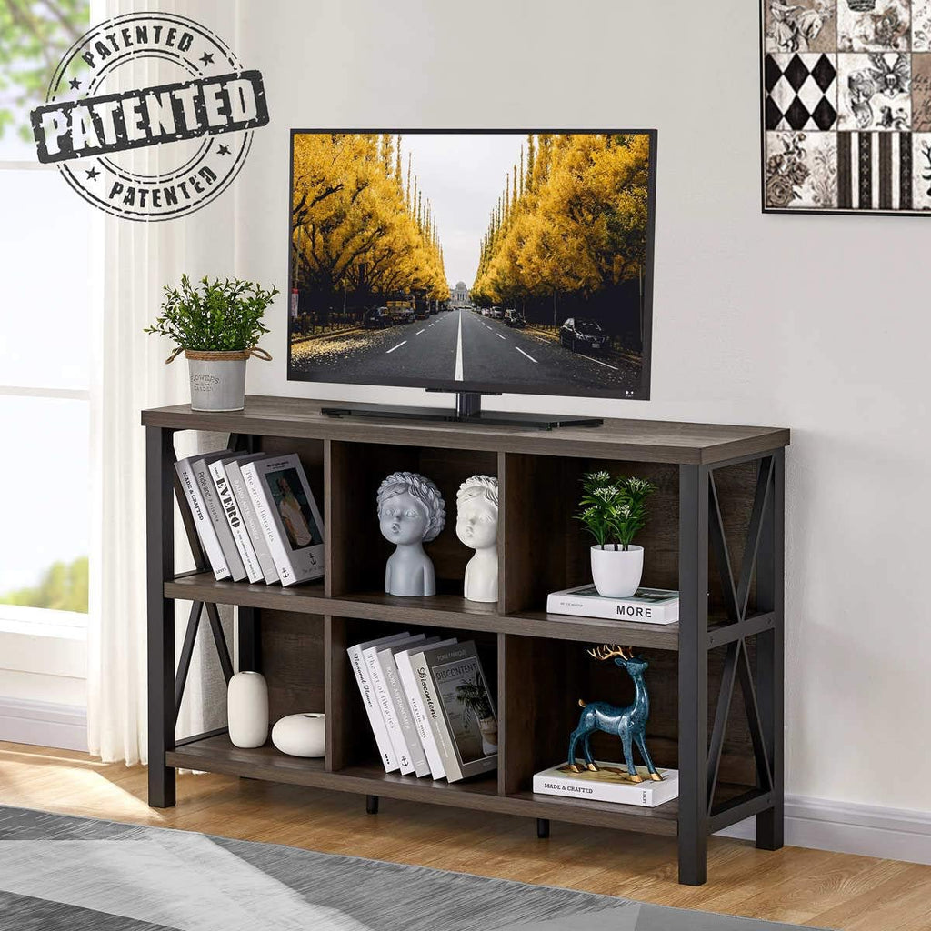 Rustic 6 Cube Storage Organizer with Shelf, Wood and Metal Cubby Bookcase (Walnut Brown, 47 Inch) G877
