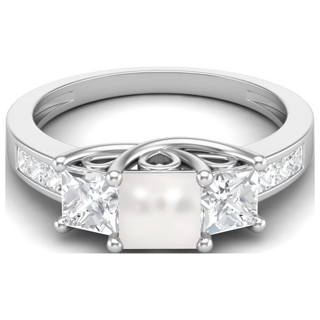2.62 Cts Square Cut Halo Three Stone Pearl Gemstone 925 Sterling Silver Ring B7383