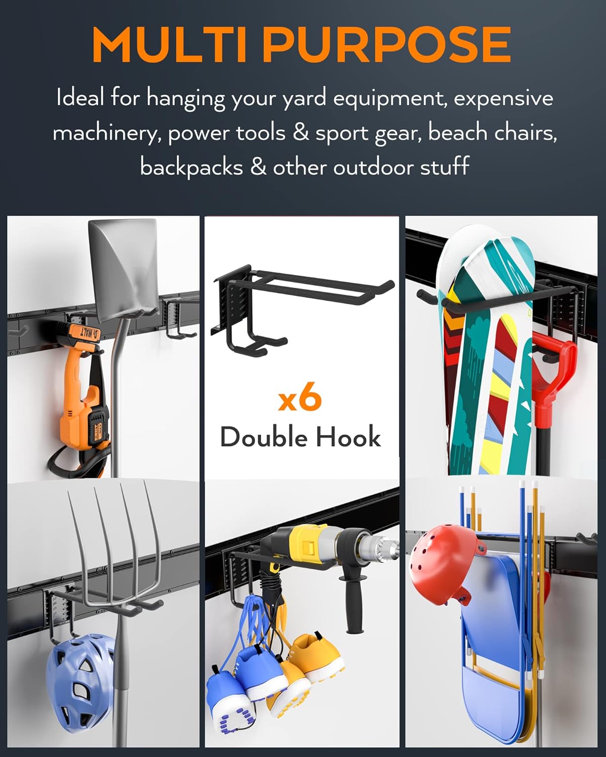 48 Inch Wall Mounted Tool Storage Rack with 6 Adjustable Hooks and 3 Rails Pack of 2 Y40356