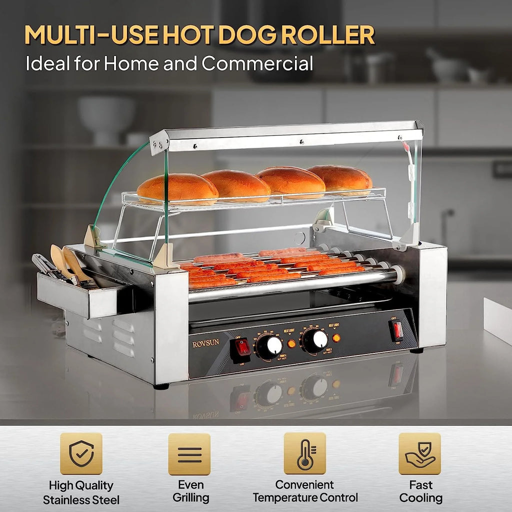 Hot Dog Roller Grill Cooker Machine with Cover, Dual Temp Control, Removable Drip Tray V7743