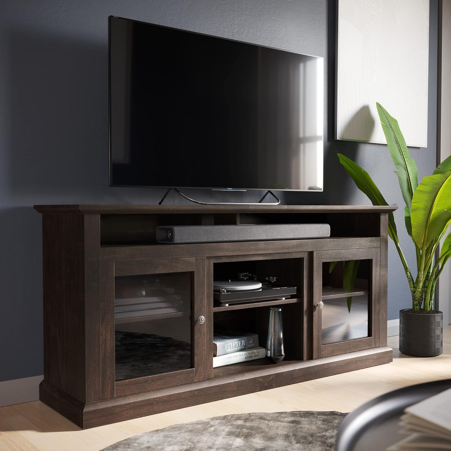 Gray Wash Electric Fireplace TV Stand with Open Storage Shelves & Cabinets A952