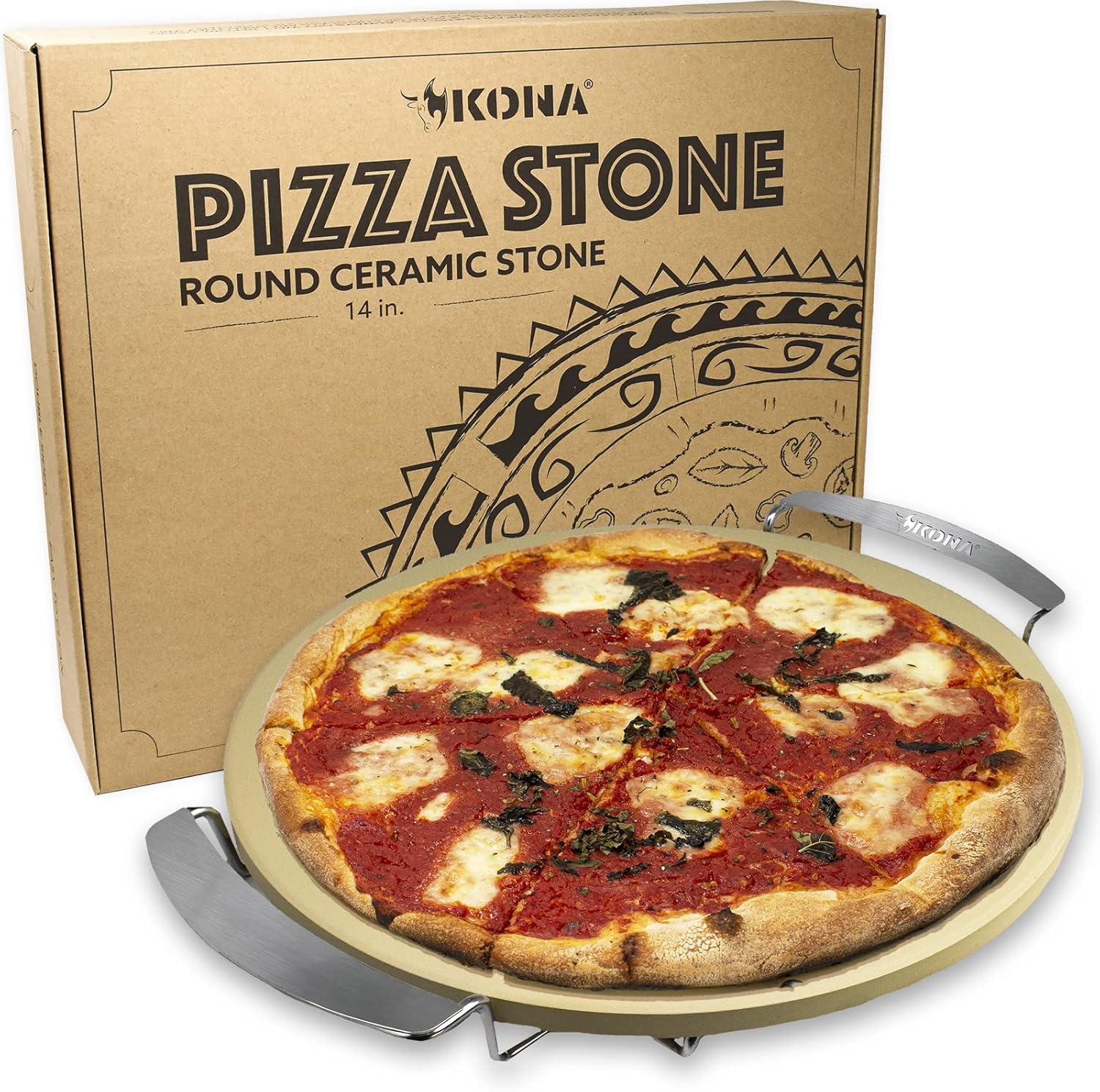 14" Round Cordierite Pizza Stone with Metal Support Stand Pack of 2 D738