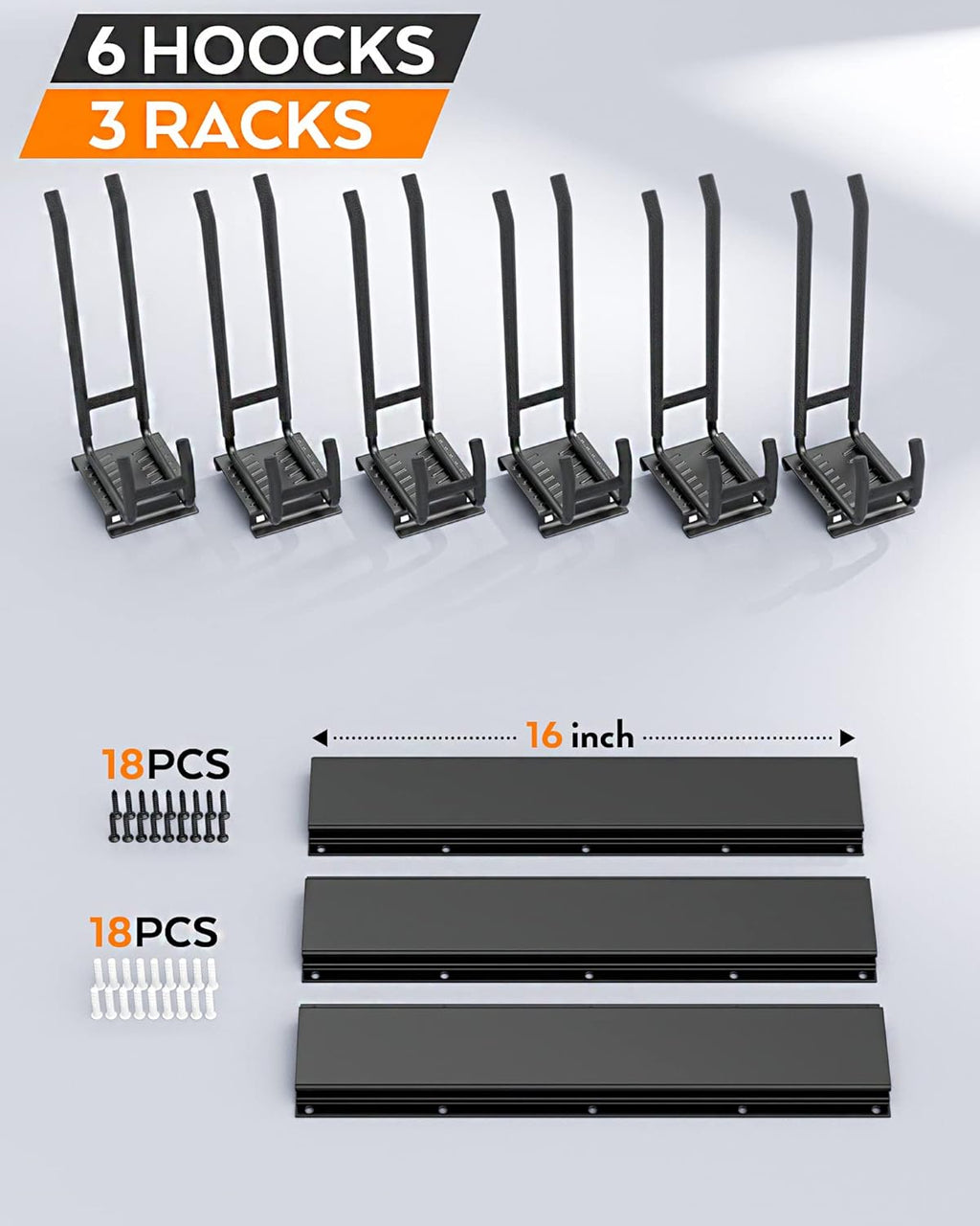 48 Inch Wall Mounted Tool Storage Rack with 6 Adjustable Hooks and 3 Rails Pack of 2 Y40356