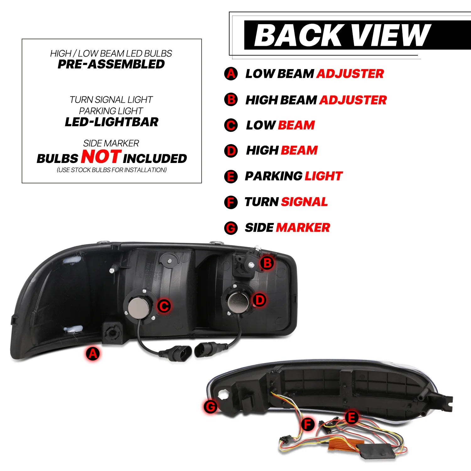 Headlights Assembly with 2 Pairs Pre-Assembled 6000K LED Bulbs L262